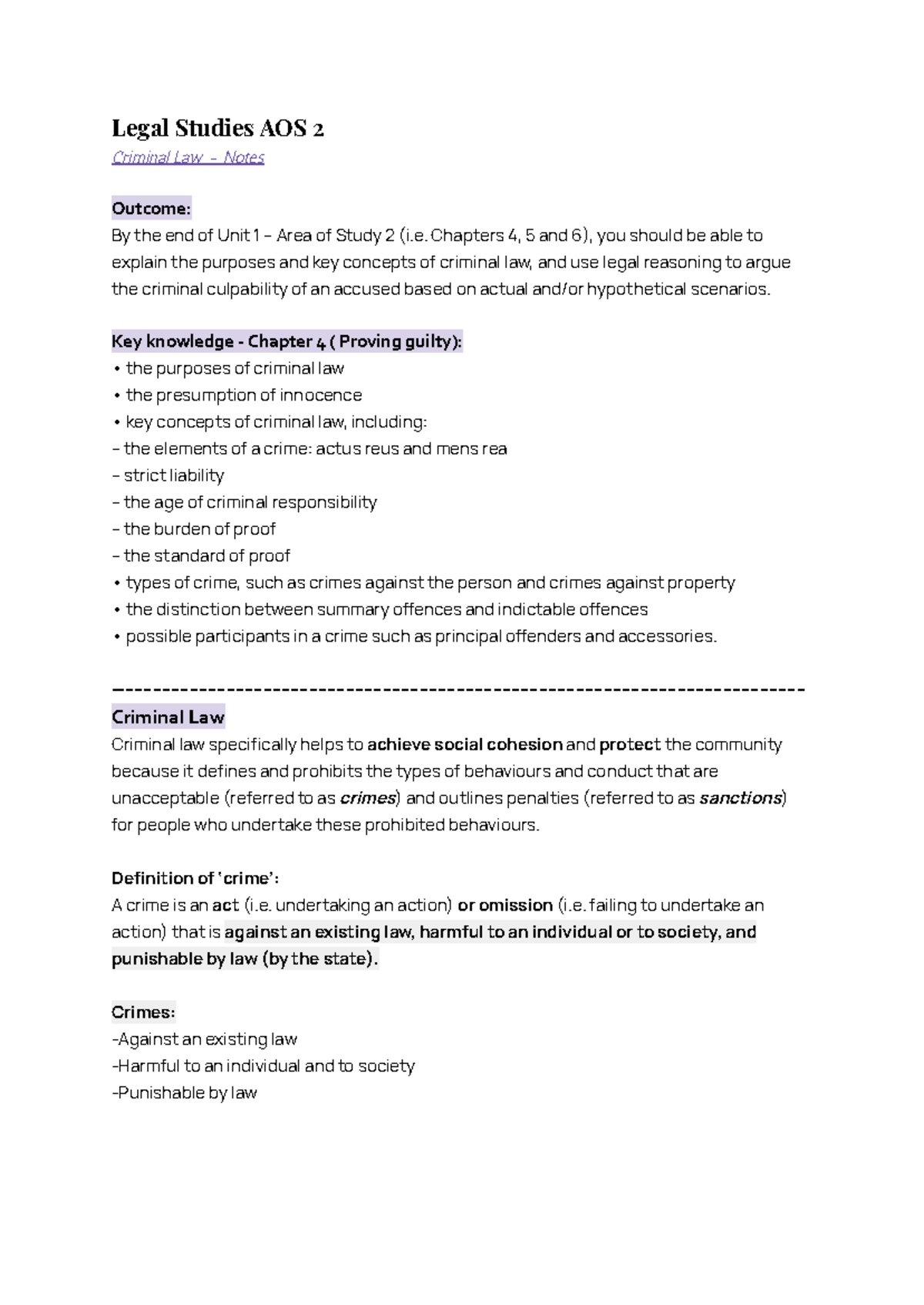 Legal Studies AOS 2: Criminal Law Notes - Unit 1 Overview - Studocu