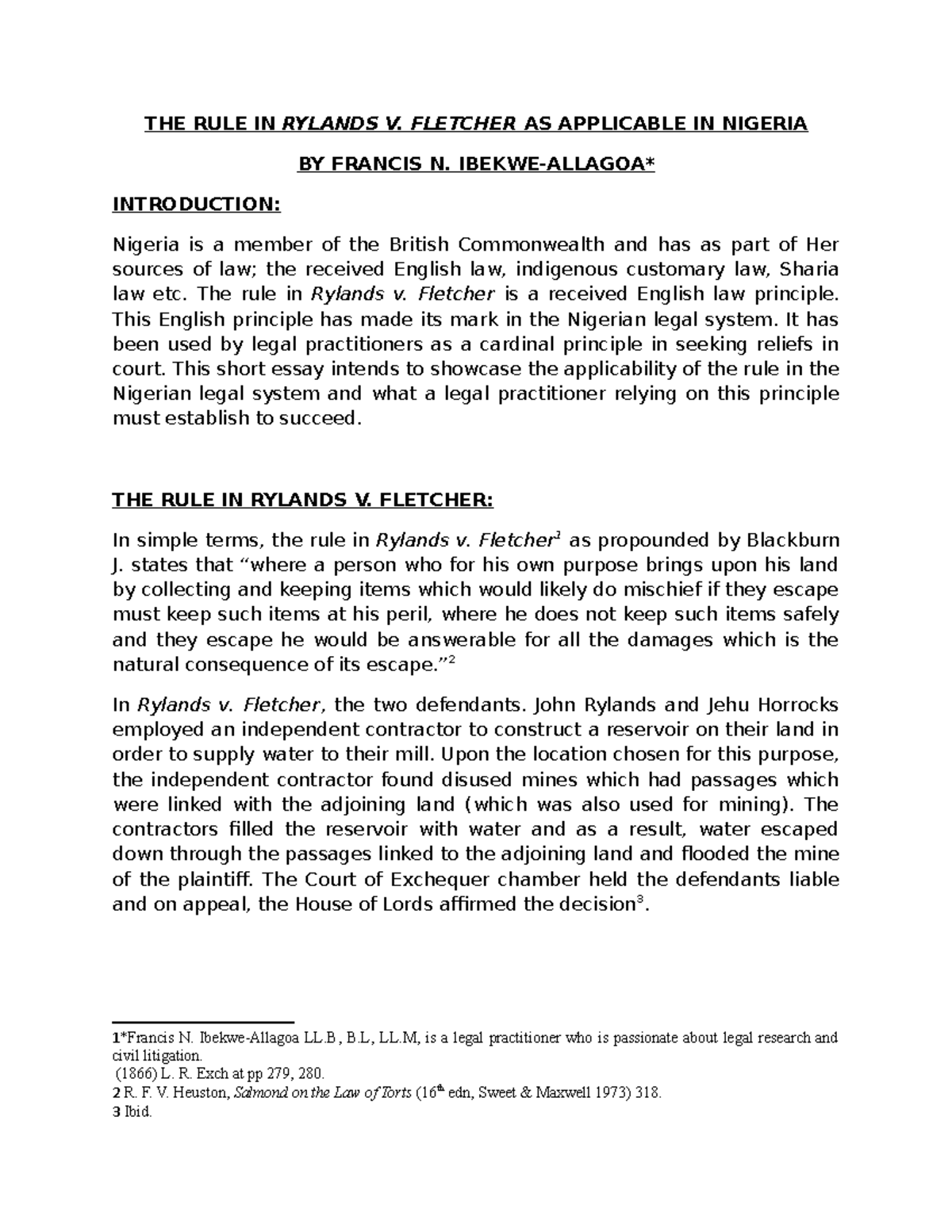 The Rule in Rylands v. Fletcher: Implications for Nigerian Law - Studocu