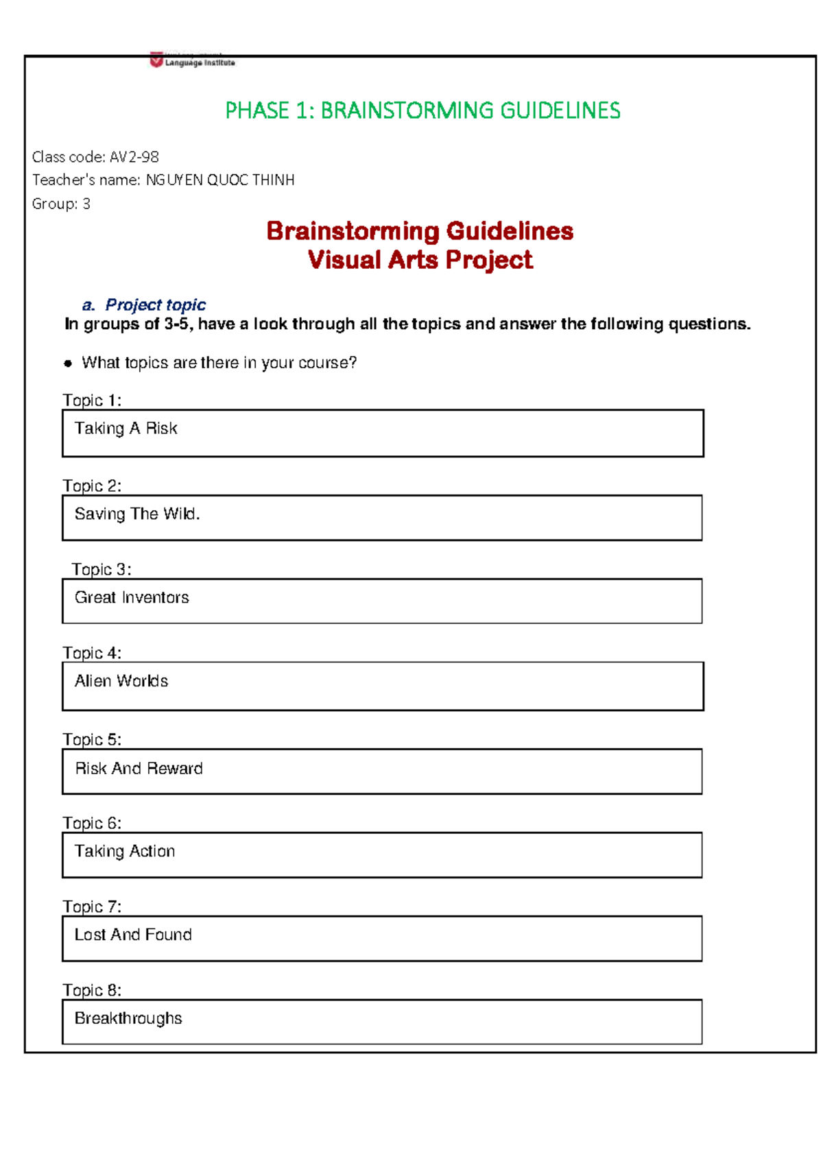 Phase 1 Brainstorming Guidelines - AV2-98 - Group 3 Project - Studocu