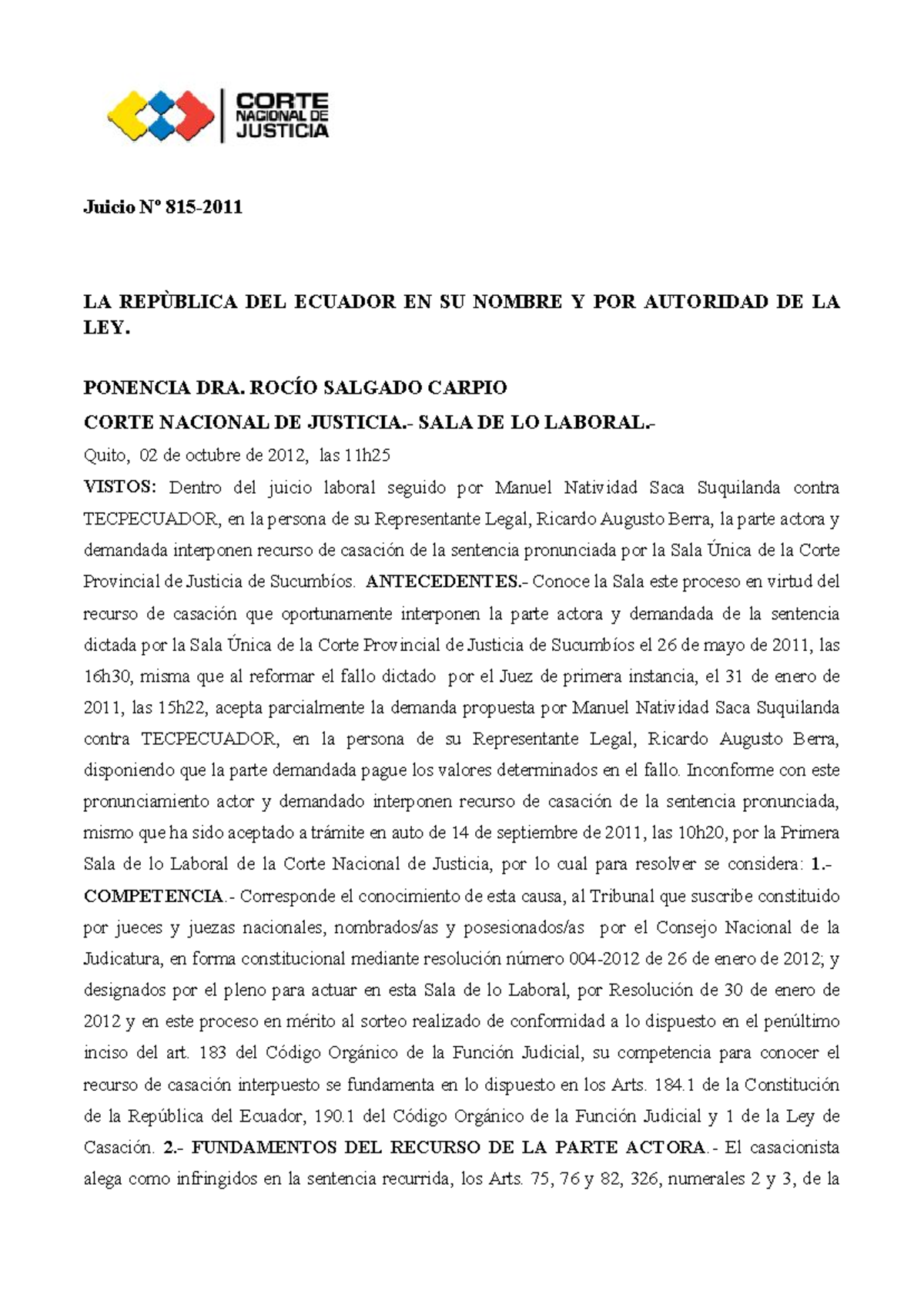 Sentencia del Juicio Nº 815: Corte Nacional de Justicia 2020B R707-2012-J815-2011 - Document Preview