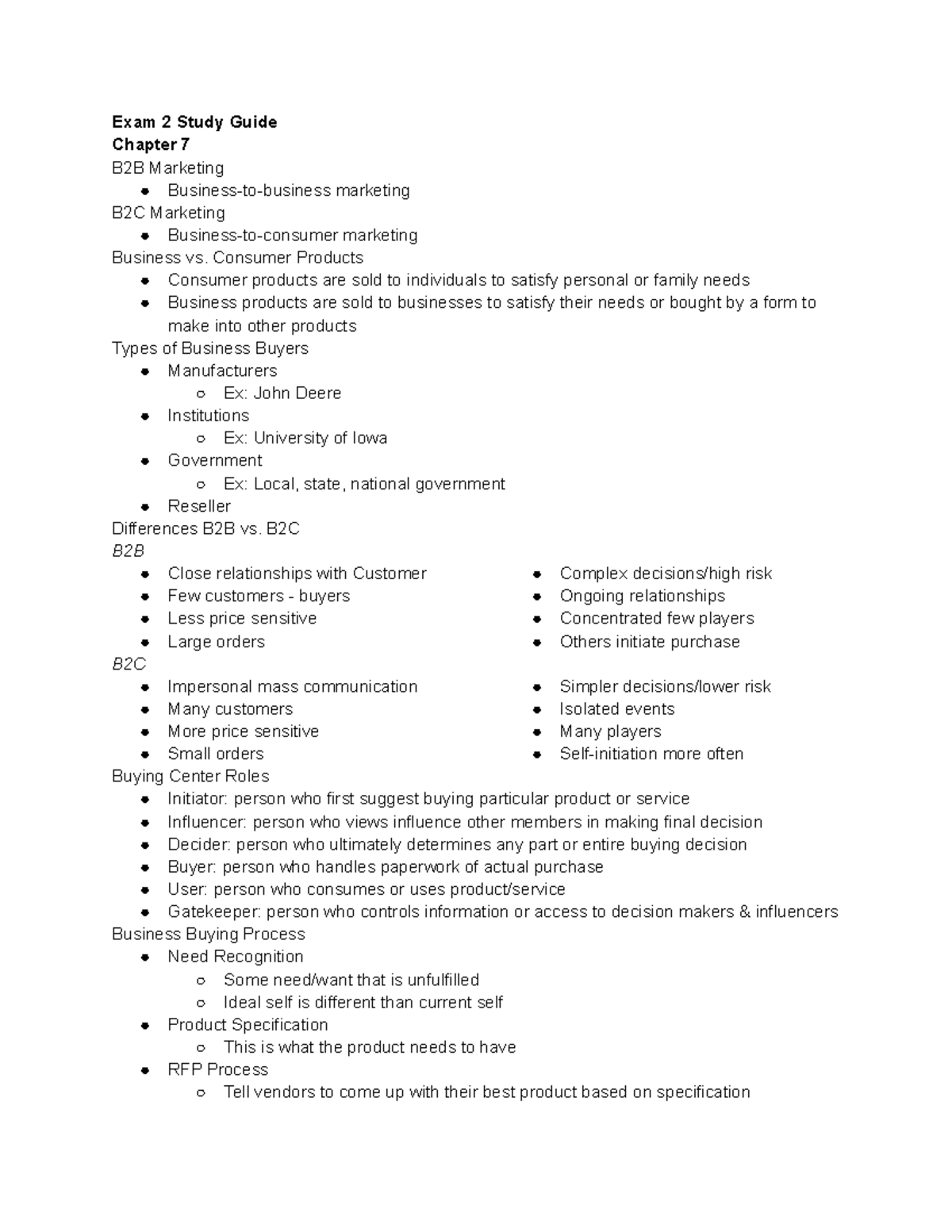 MKTG 3000 exam 2 study guide - Exam 2 Study Guide Chapter 7 B2B ...