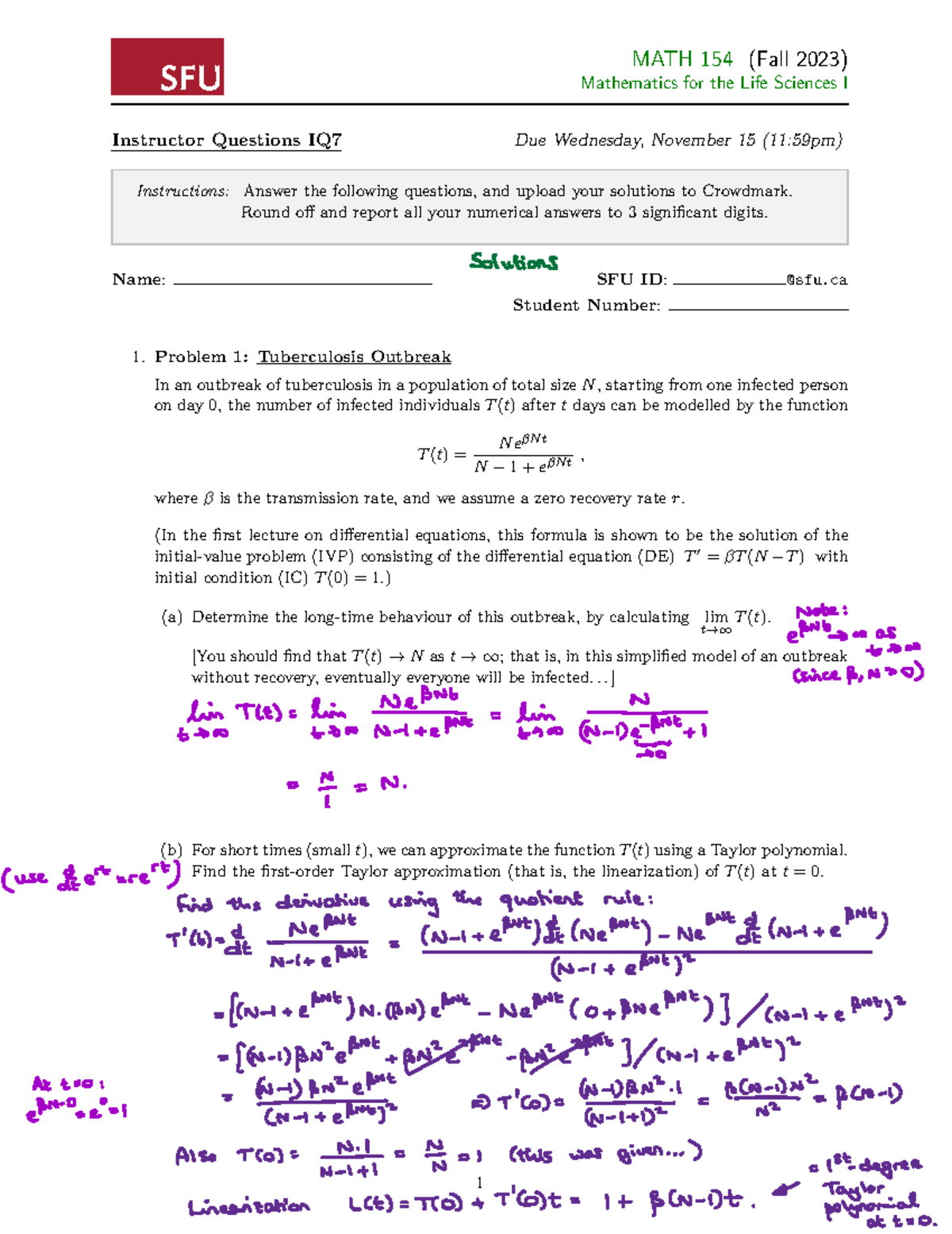 MATH 154 (Fall 2023) IQ7 Solutions for Life Sciences I - Studocu