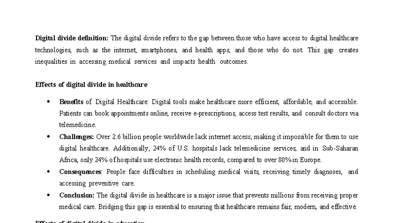 Digital Divide in Healthcare and Education: Impacts and Solutions - Studocu