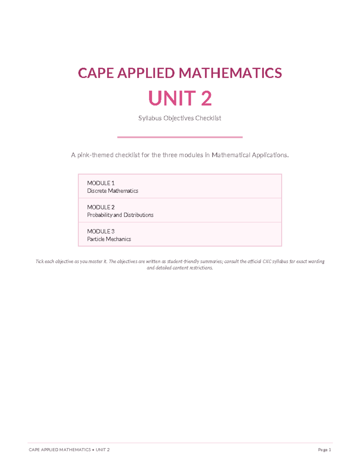 CAPE APPLIED MATHEMATICS UNIT 2 Syllabus Objectives Checklist - Studocu