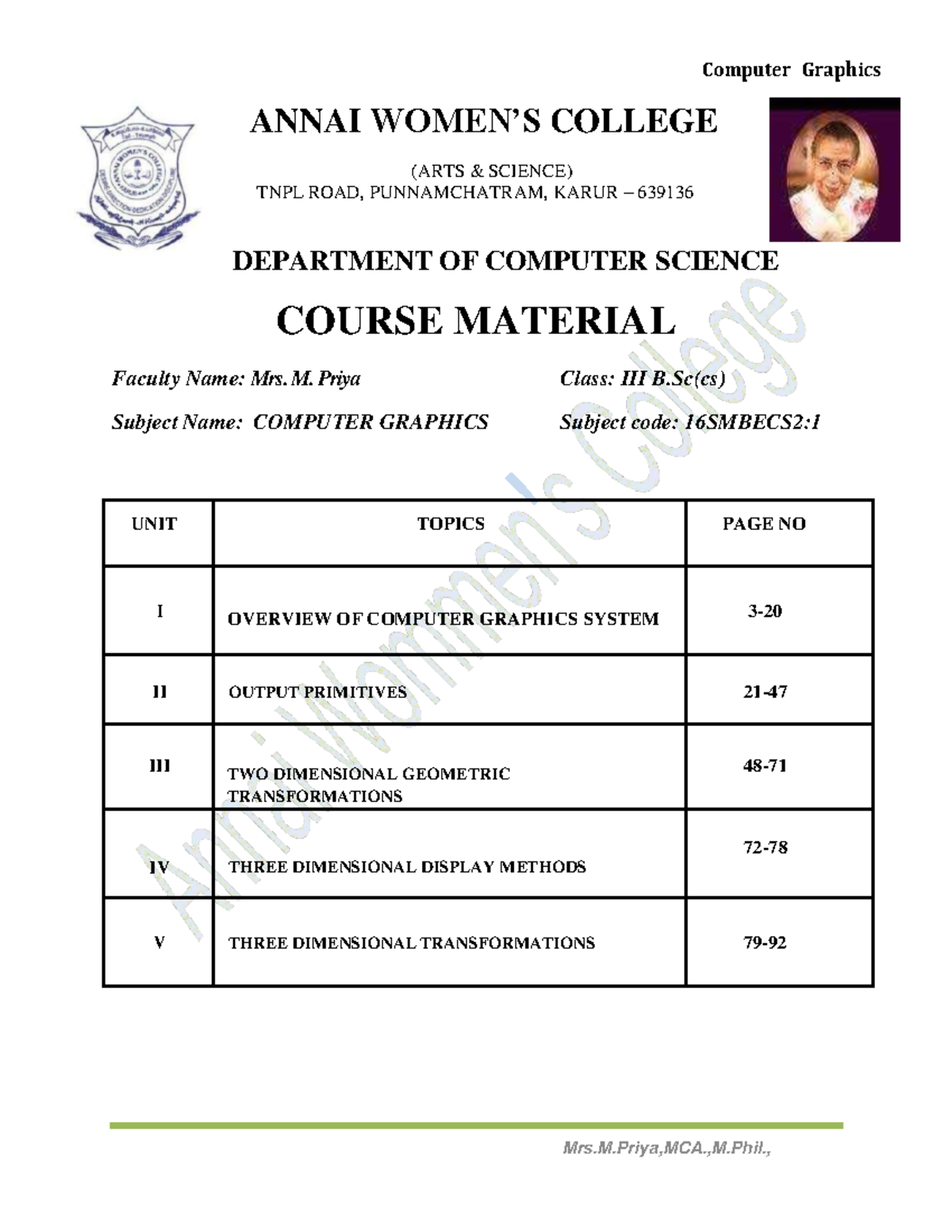 Computer Graphics - Study Material - 1 COURSE MATERIAL Faculty Name ...