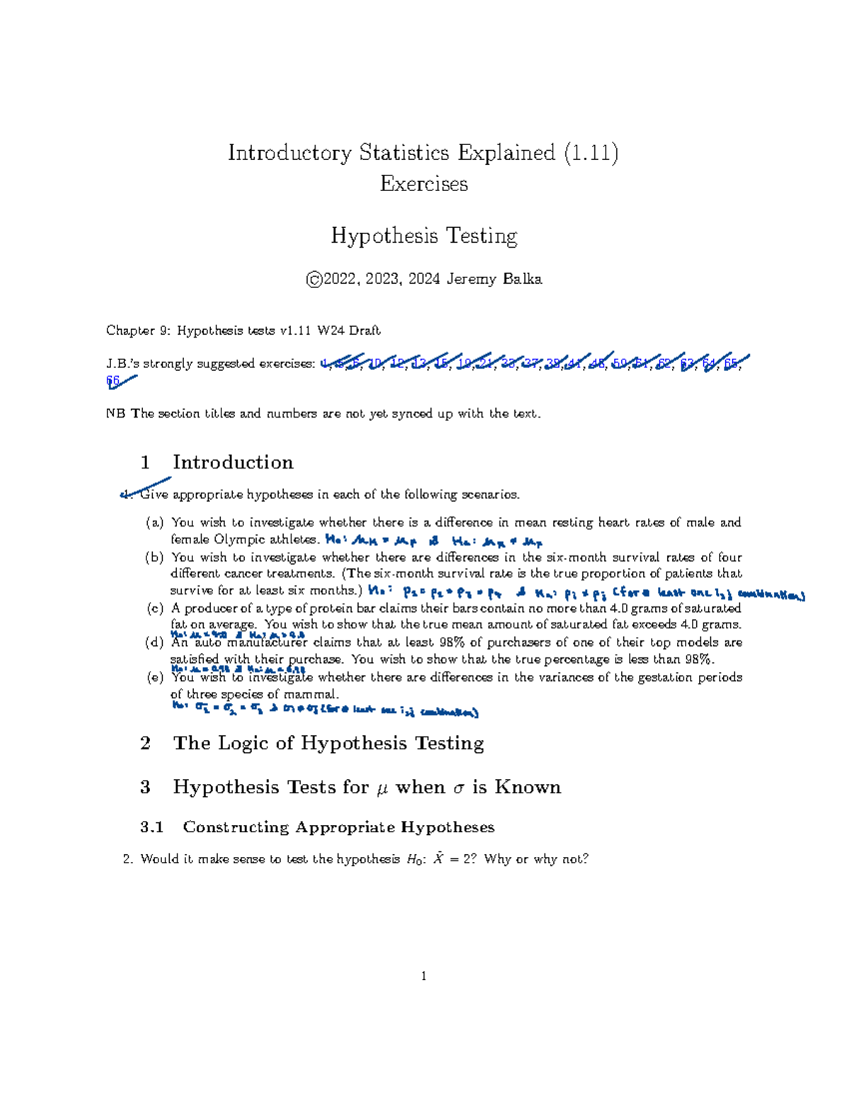 Hypothesis Testing Exercises for Introductory Statistics (STAT 101 ...