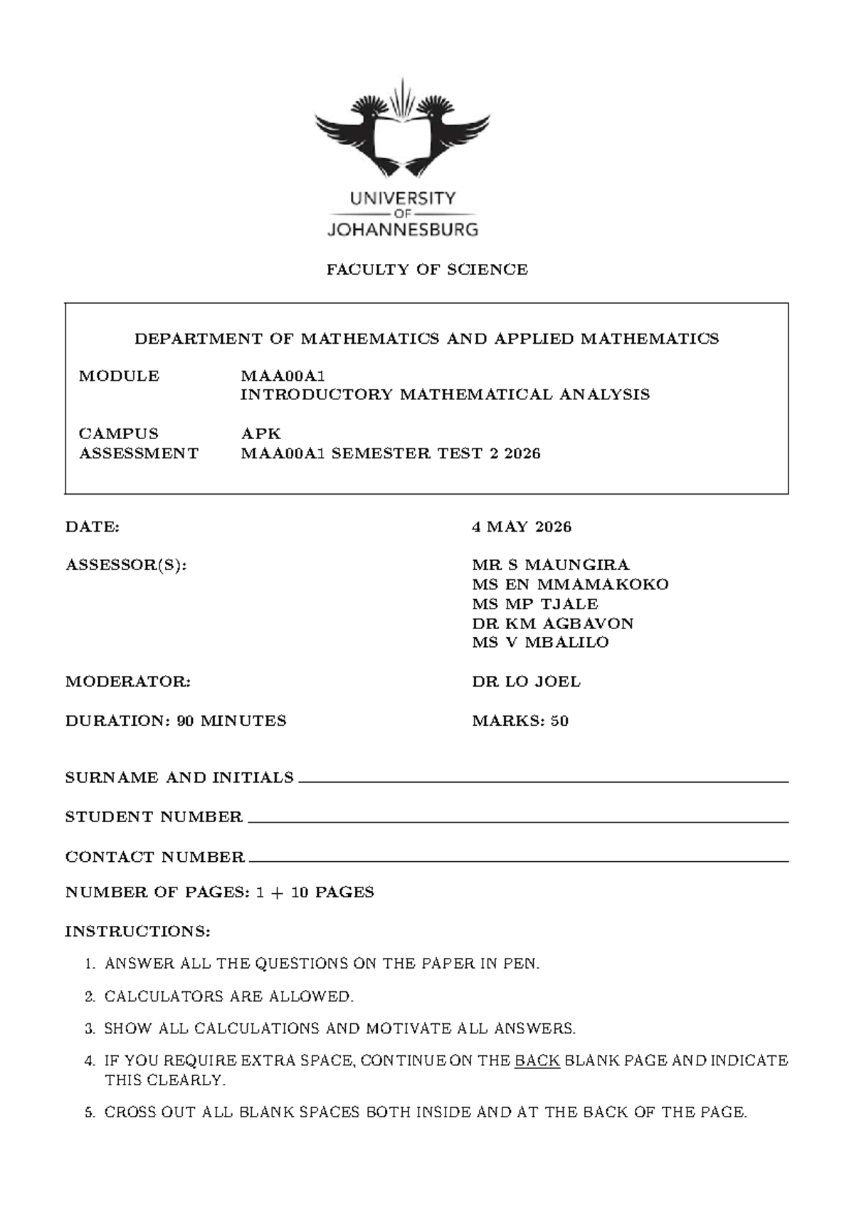 MAA00A1 Semester Test 2 Memo - Introductory Mathematical Analysis - Studocu