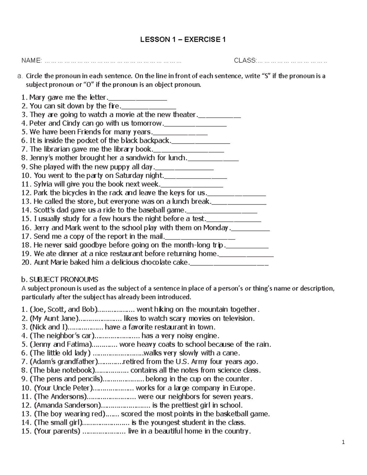 PERS Pronouns: Subject or Object Identification Exercise - Studocu
