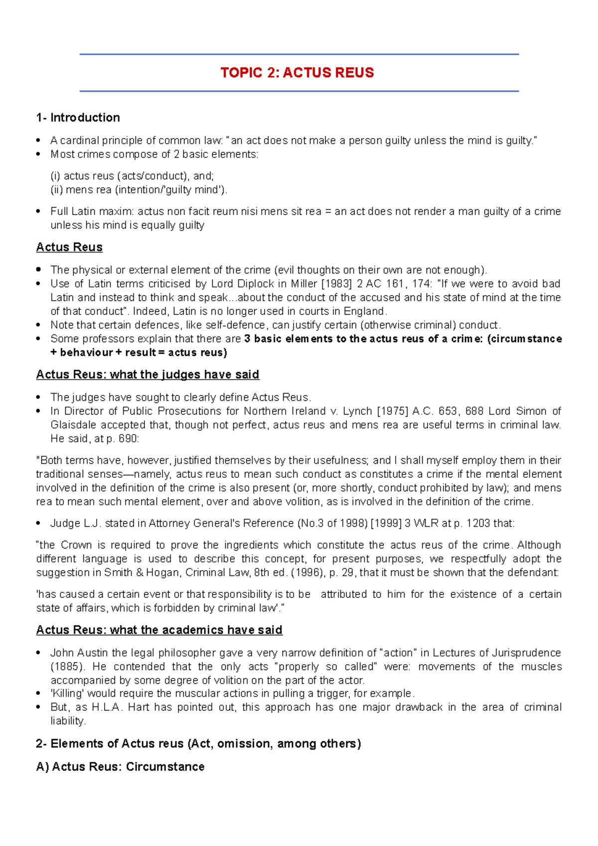 Topic 2 Actus Reus - Notes - TOPIC 2: ACTUS REUS 1- Introduction A ...
