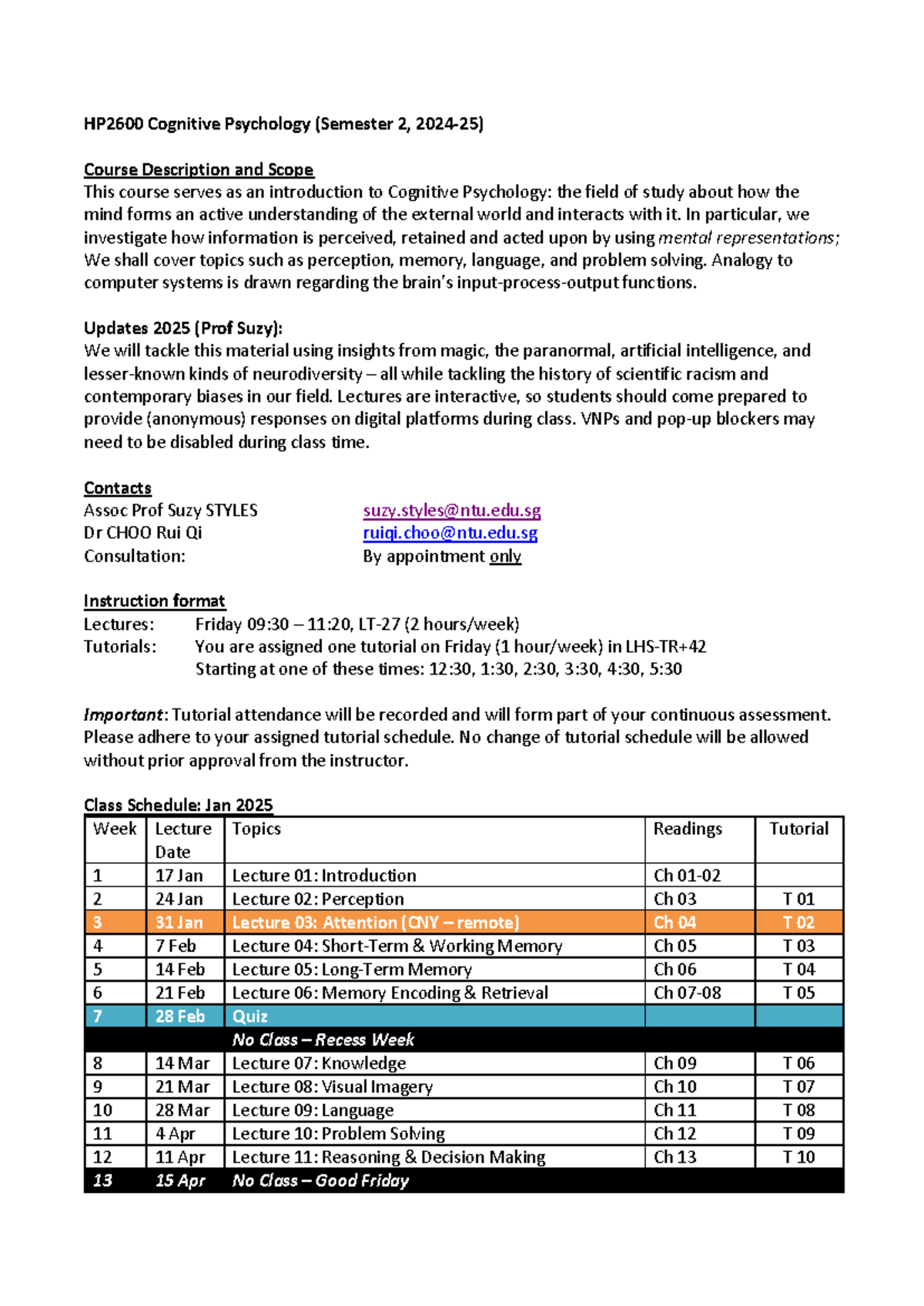 HP2600 Cognitive Psychology Course Outline AY2425: Key Topics ...