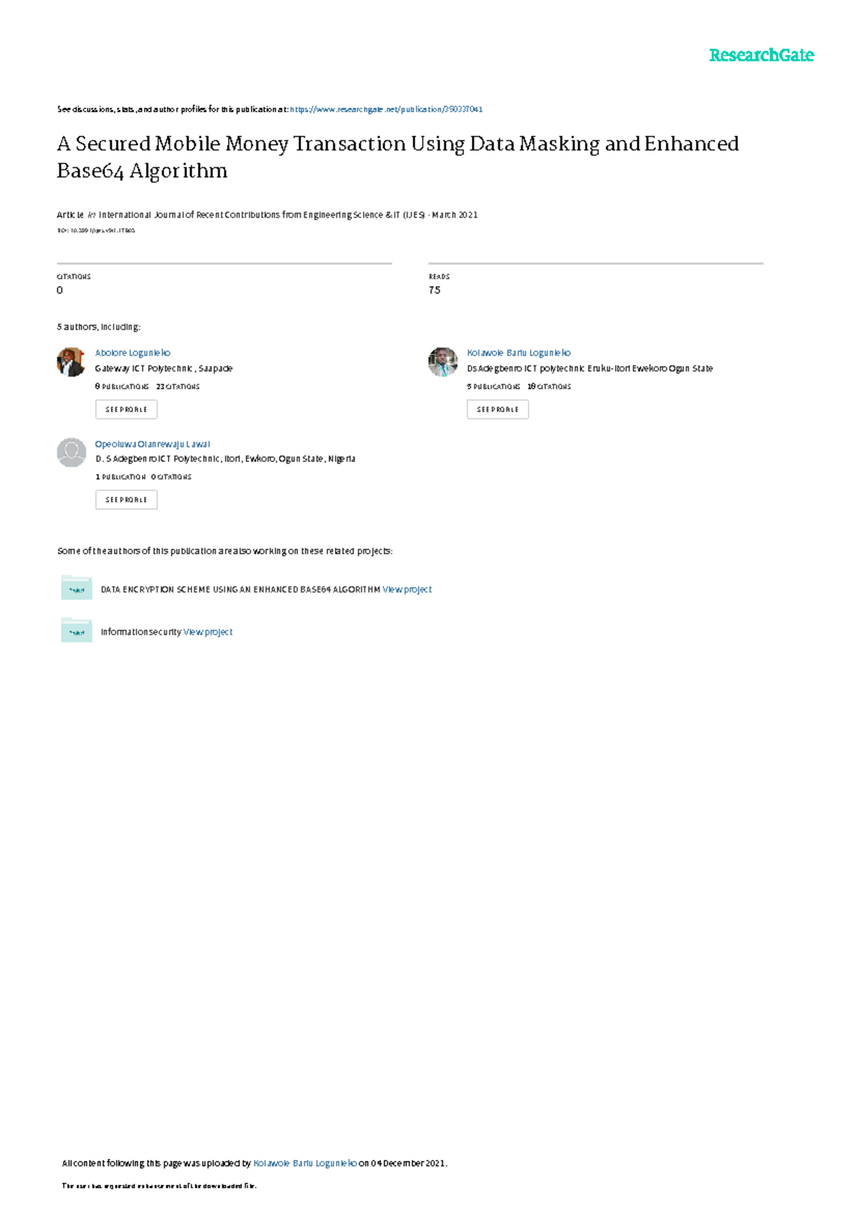 A Secured Mobile Money Transaction Using Data Mask - 3991/ijes ...