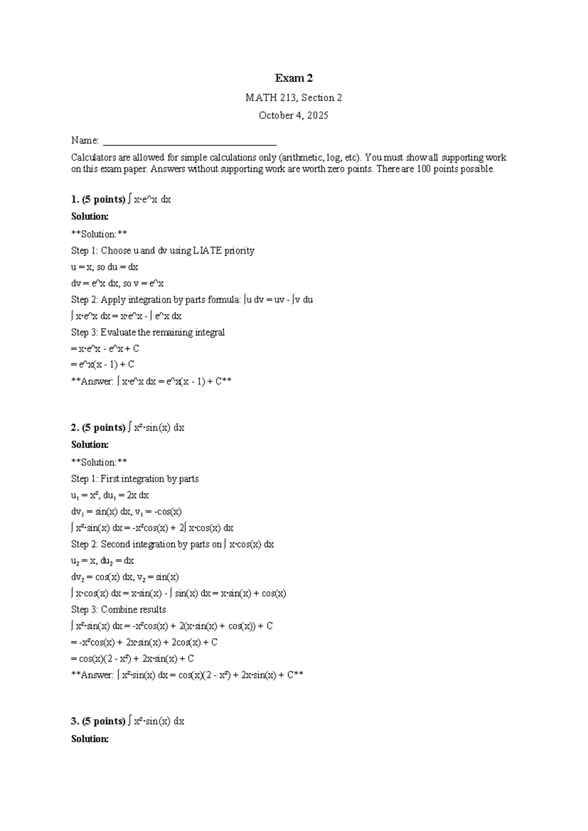 MATH 213 Exam 2 Solutions - Section 2, October 4, 2025 - Studocu