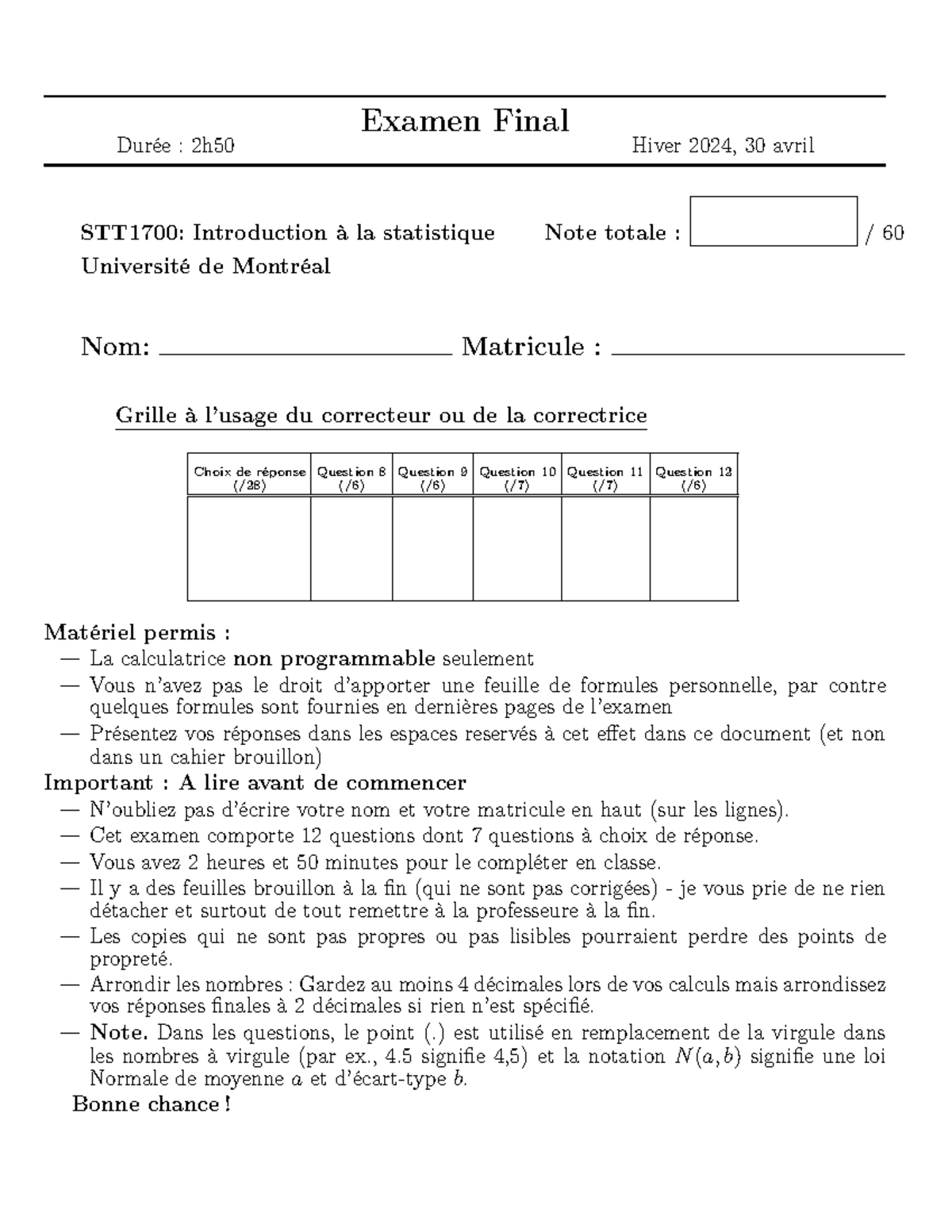 Examen Final STT1700 H24 - Notes et Révisions - Studocu