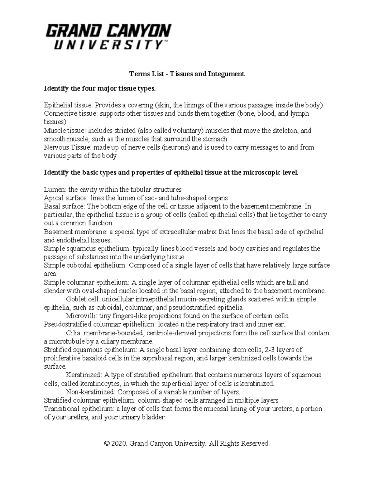 BIO-201L-RS-T2Terms List Tissues And Integument - Terms List - Tissues ...