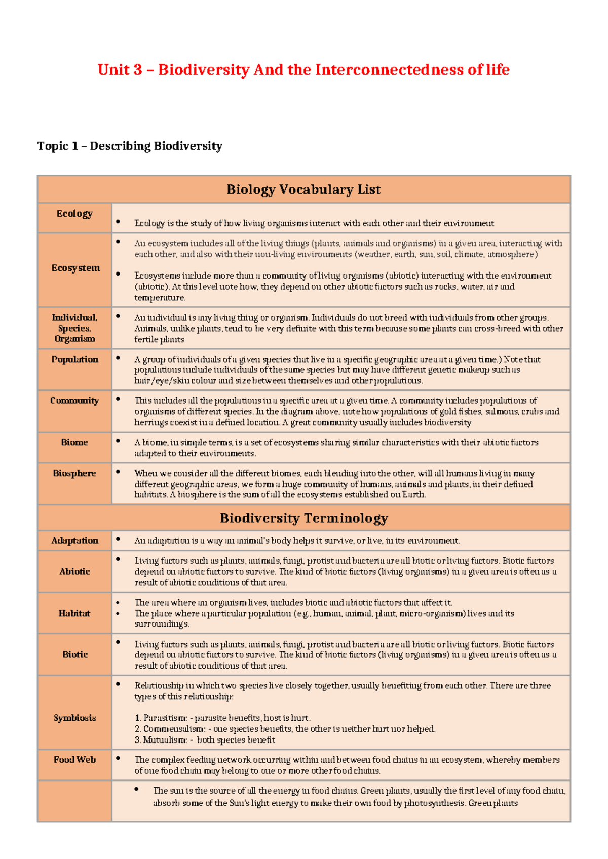 Biology Unit 3 & 4 Revision - Unit 3 – Biodiversity And the ...