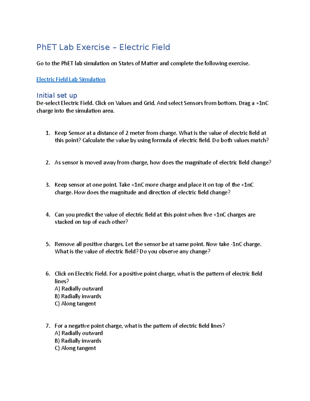 Phy2020-m8-PhET Electric Field Lab Exercise Guide - Studocu