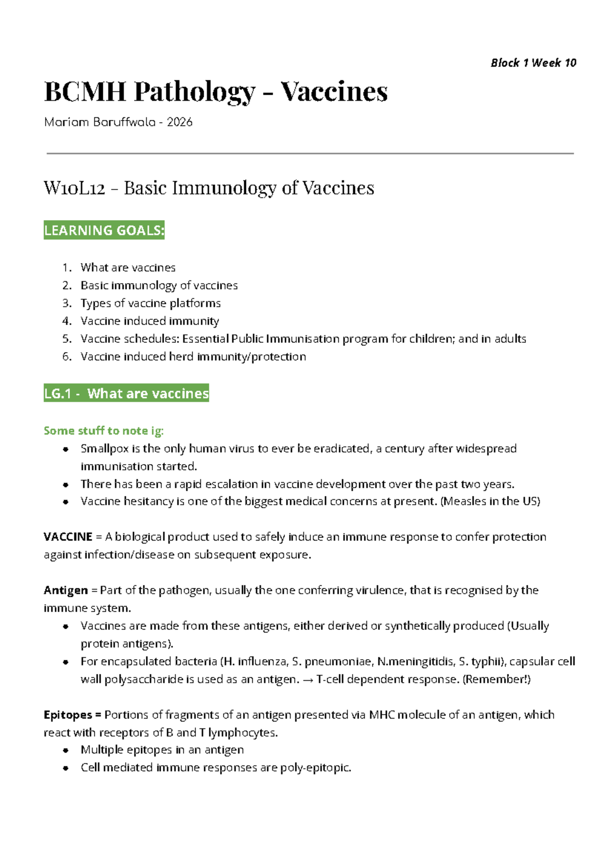 BCMH Pathology W10 - Comprehensive Overview of Vaccines - Studocu