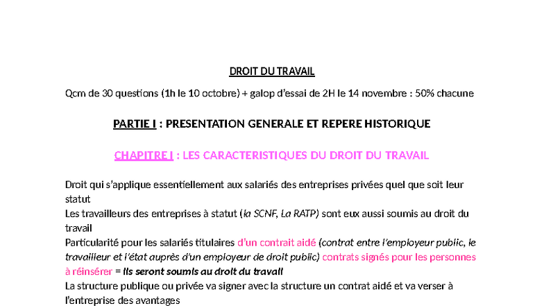 CM - Note de Cours en Droit du Travail : QCM et Concepts Clés - Studocu