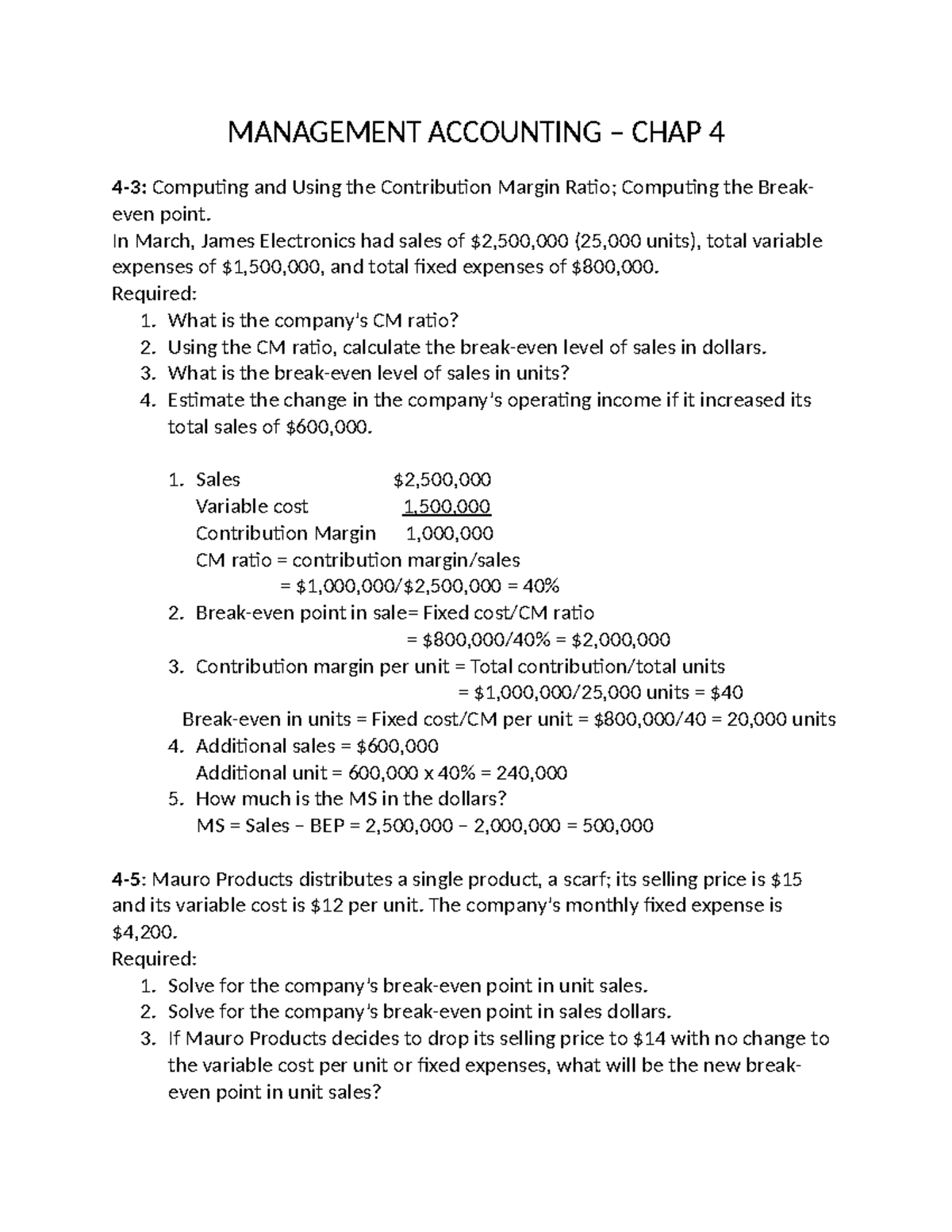 Management Accounting Exercise 4: Contribution Margin & Break-Even ...