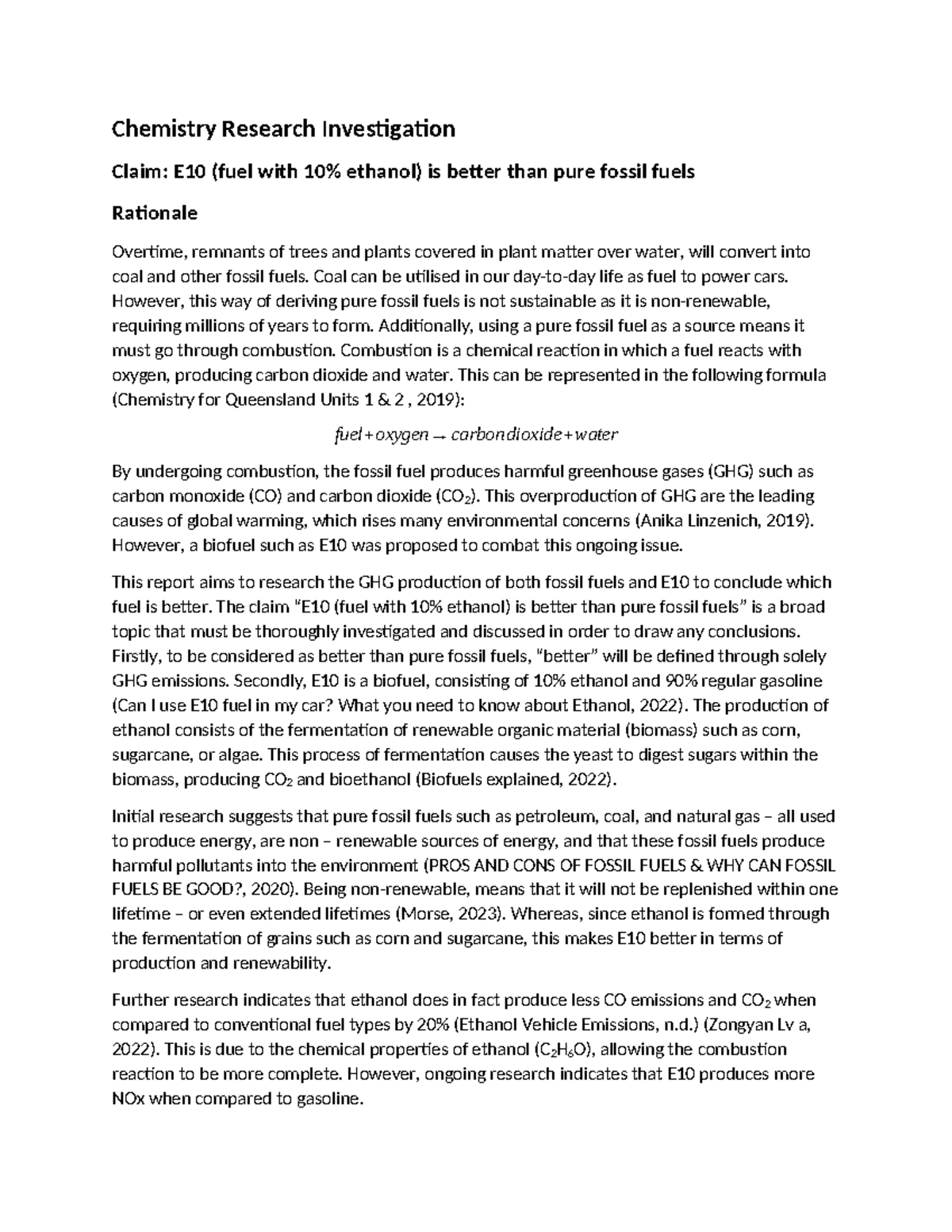Year 11 FIA3 Chemistry Research: E10 Biofuel vs. Fossil Fuels Emissions ...