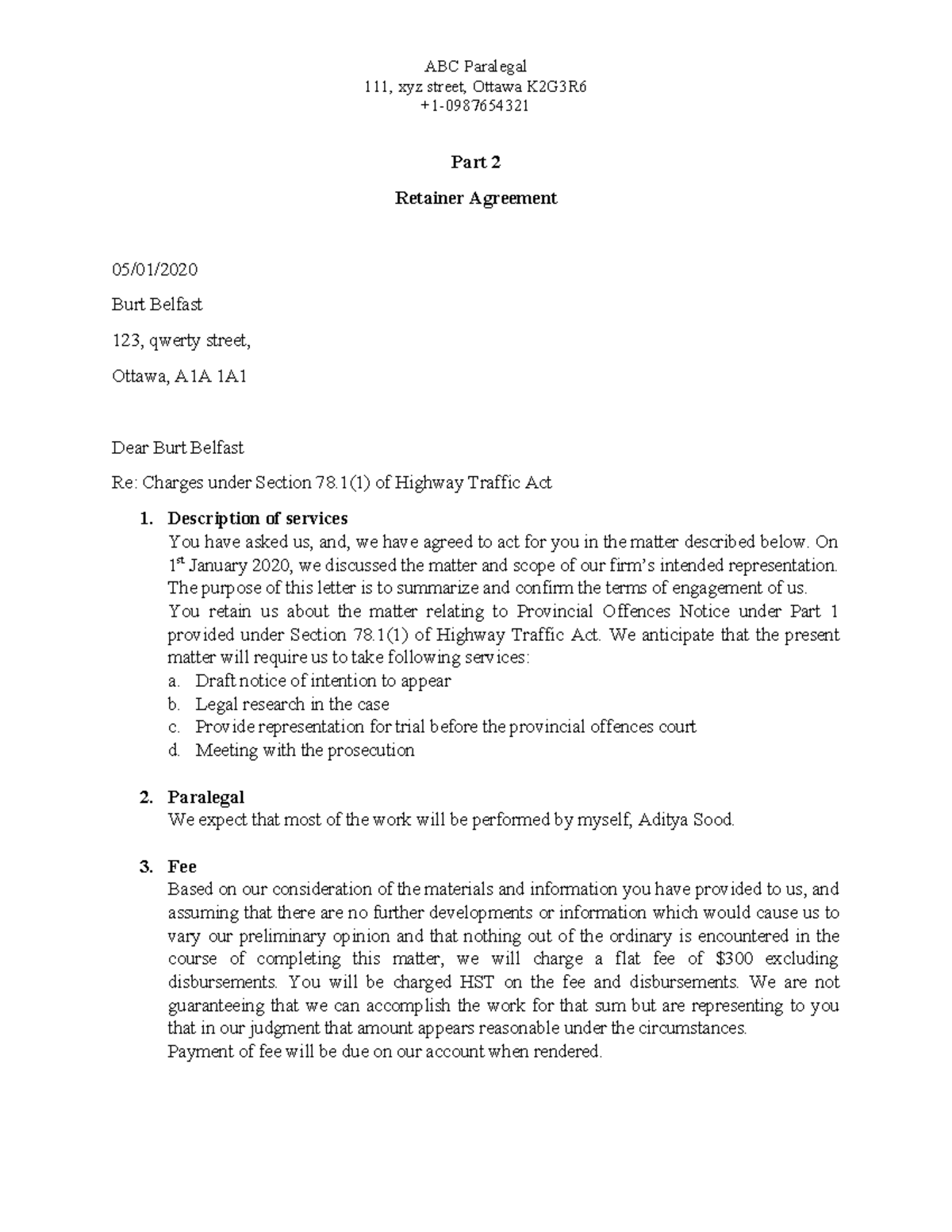 Assignment 1 - Sample Retainer Agreement for Legal Services - Studocu