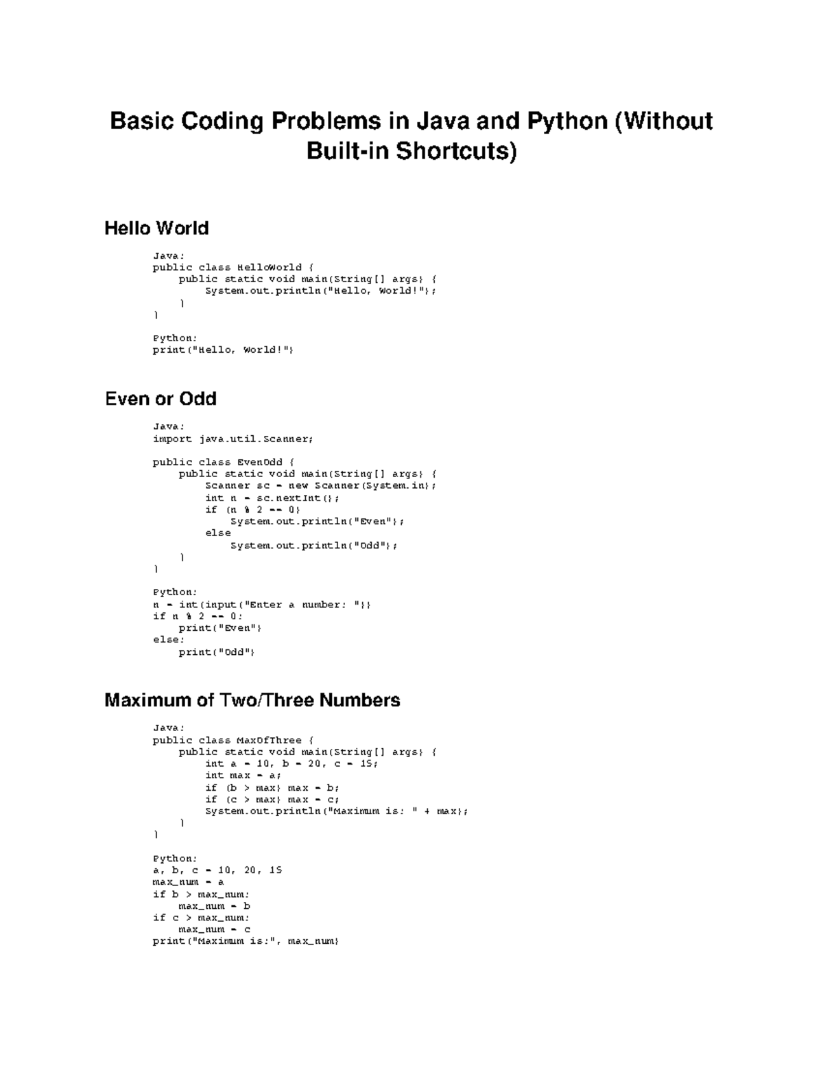 Basic Coding Problems in Java & Python (CS101) - Studocu