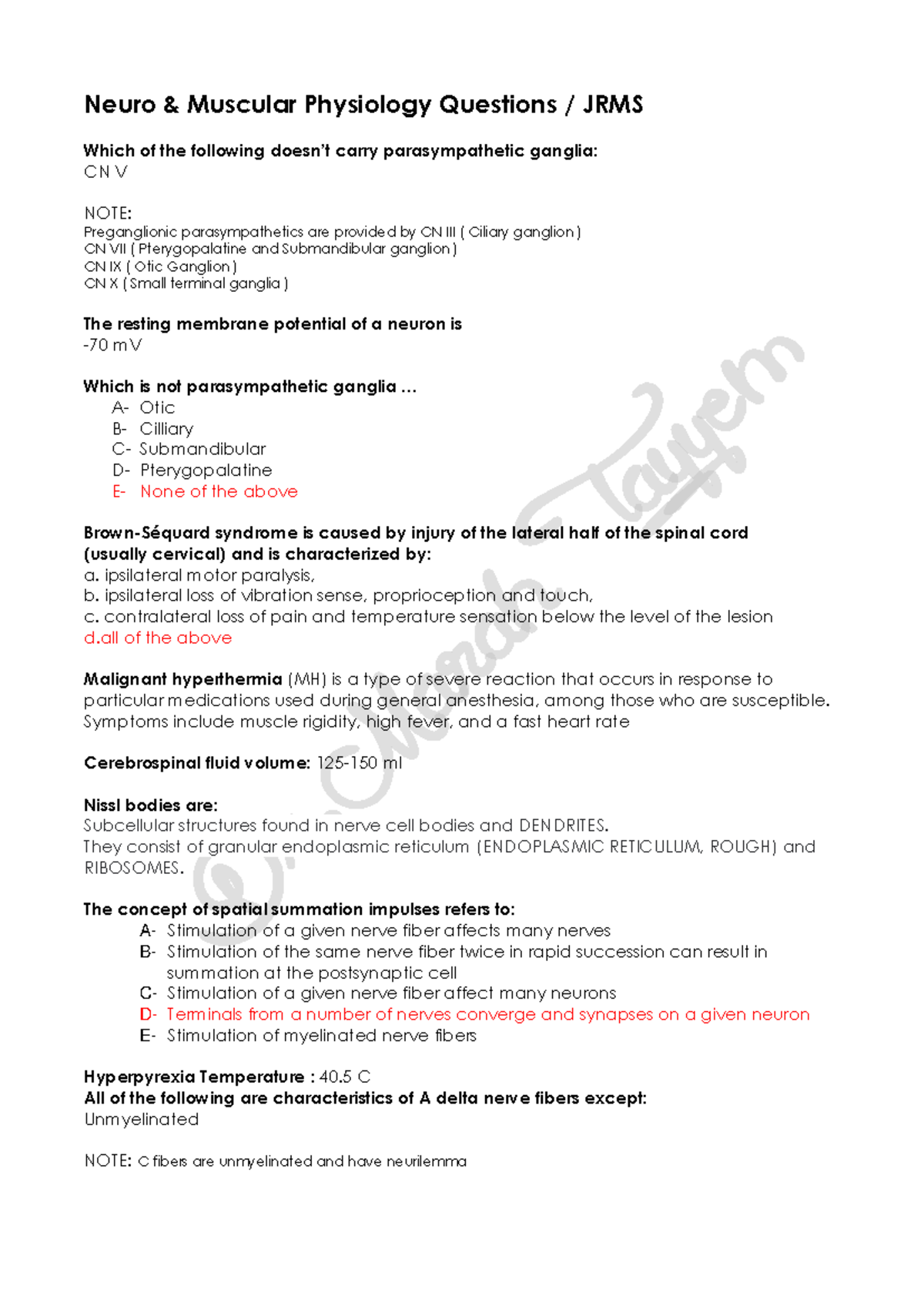 Neuro Questions - Dr moatasem - Neuro & Muscular Physiology Questions ...