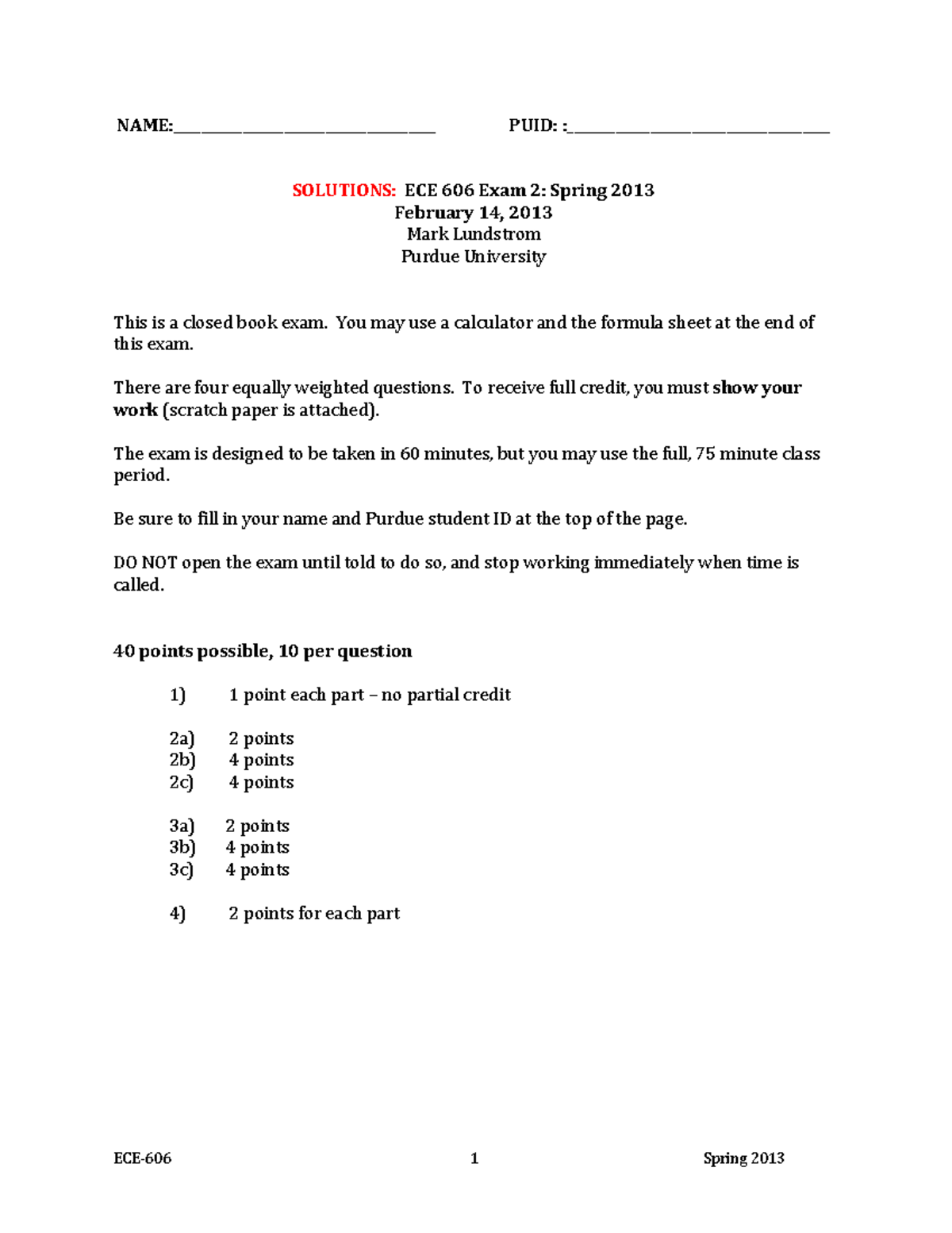 ECE 606 Exam 2 Solutions - Spring 2013 Analysis & Answers - Studocu
