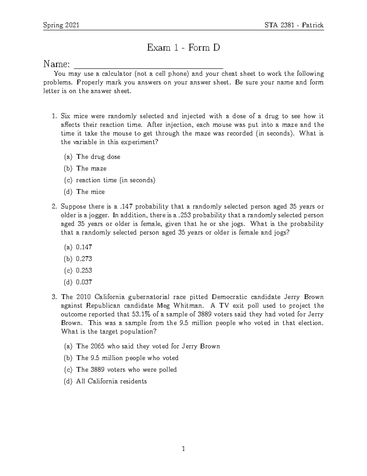 Exam 1 (Form D) - Intro to Stats Sample Test Questions and Answers ...