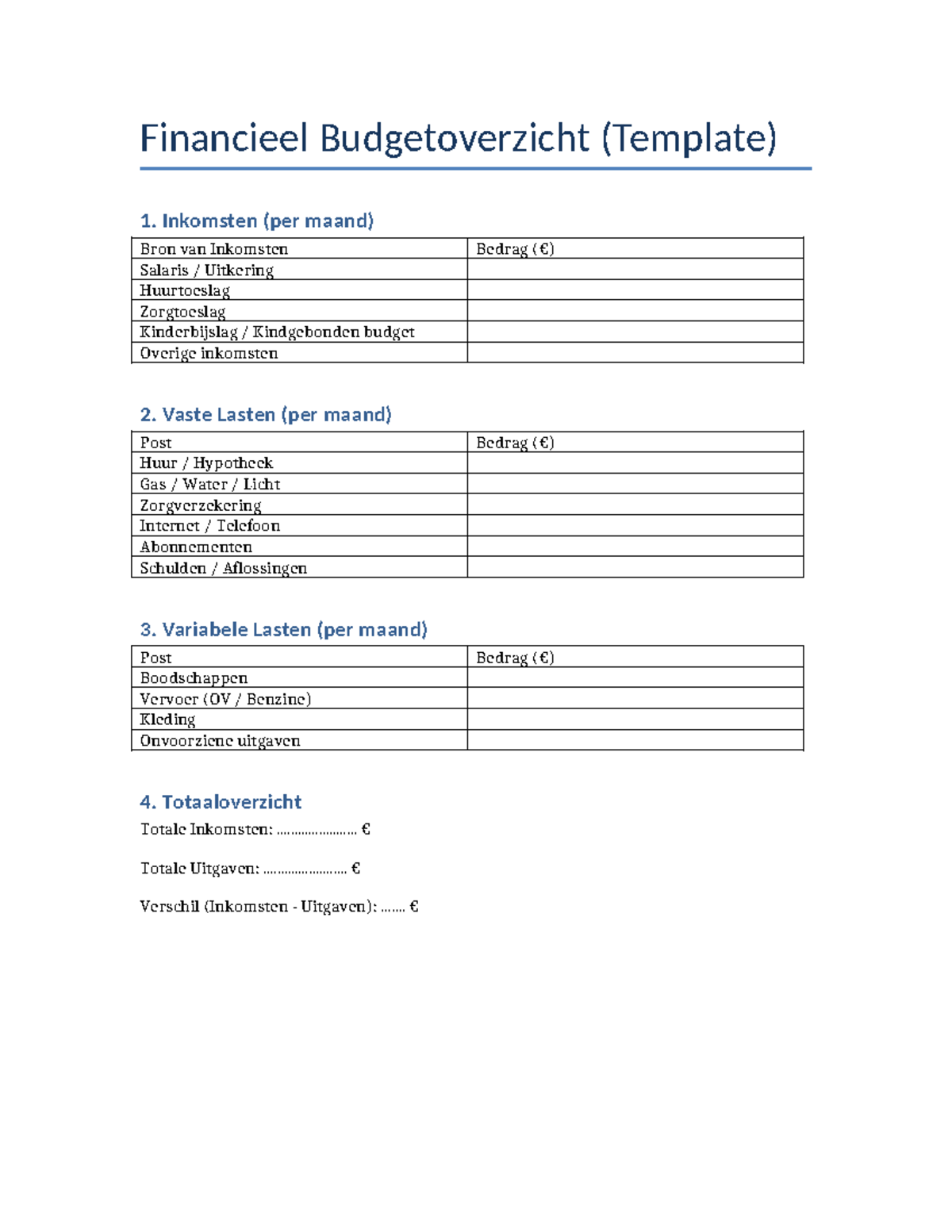 Financieel Budgetoverzicht Template - Inkomsten (per maand) Bron van ...