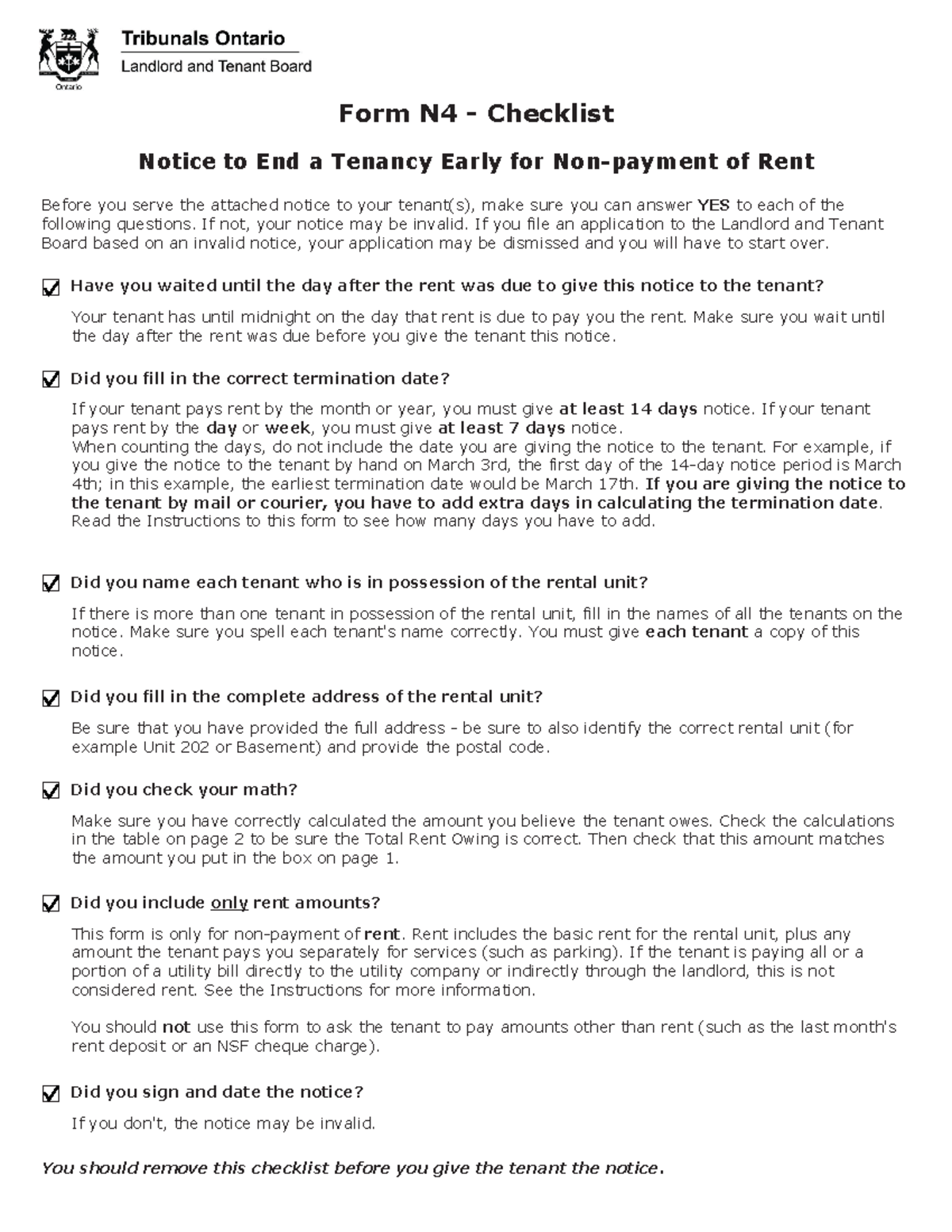N4 - How to fill N4 forms - Form N4 - Checklist Notice to End a Tenancy ...