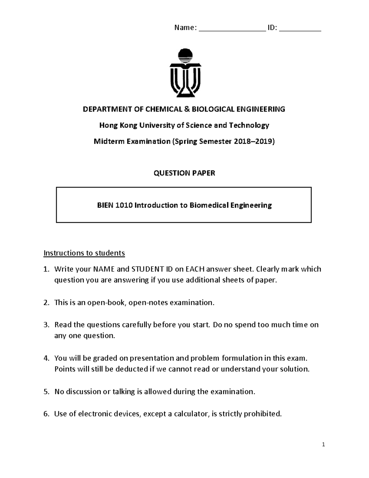 Mock Midterm Exam - BIEN 1010 Introduction to Biomedical Engineering ...