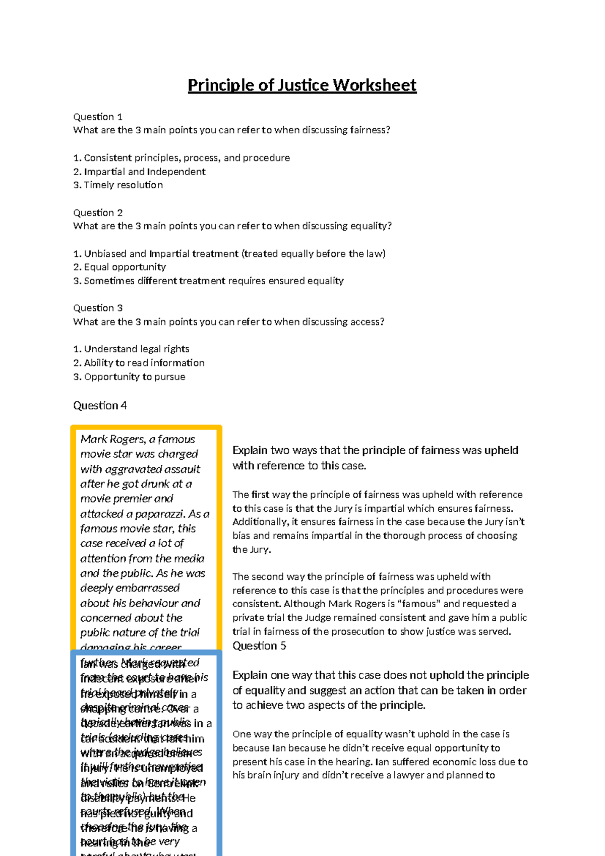 Principle of Justice Worksheet: Key Points on Fairness, Equality, and ...