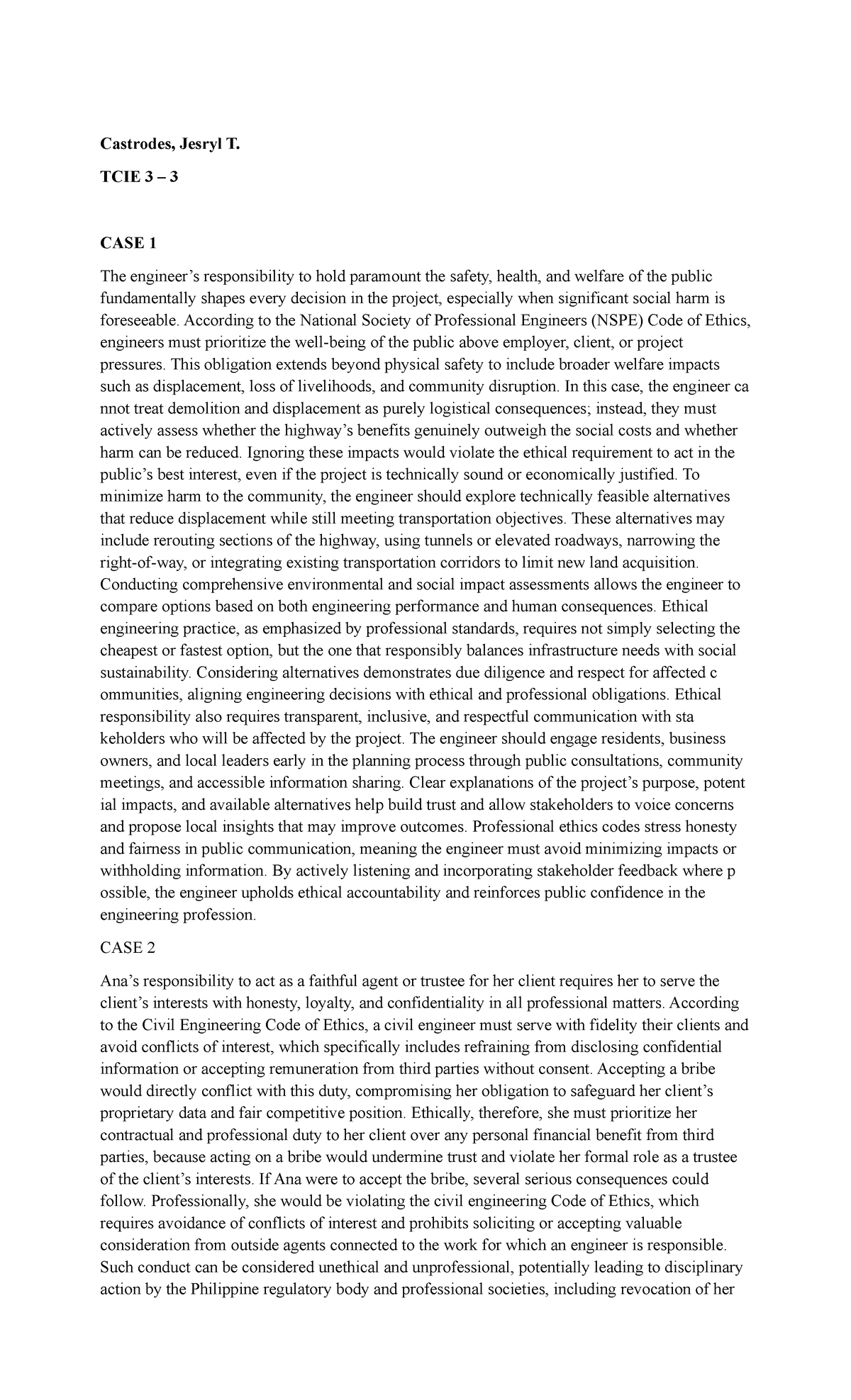 CASE Study CE LAWS - Ethical Responsibilities in Engineering Projects ...