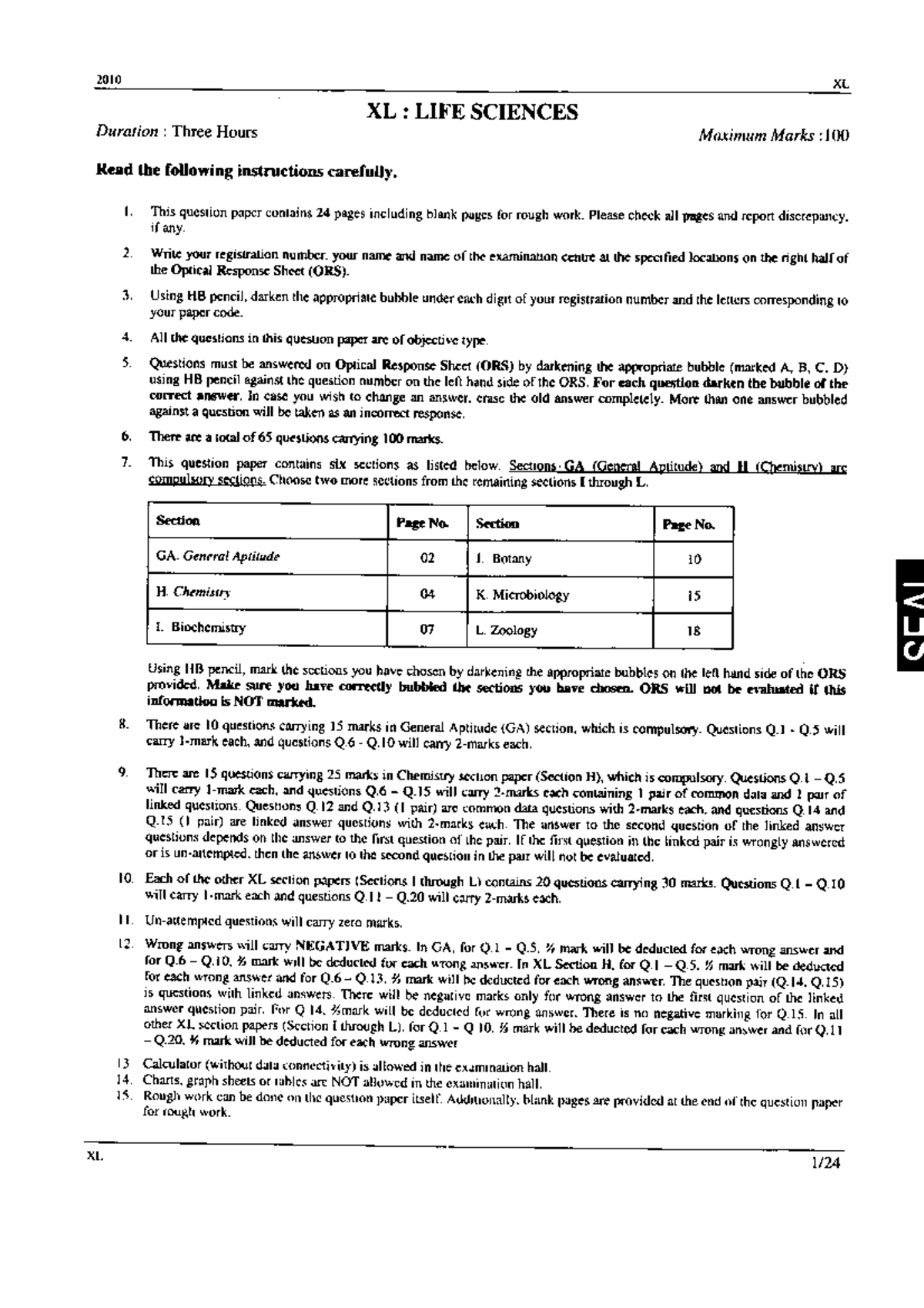 XL 2010 - Life Sciences Exam Instructions and Question Paper - Studocu