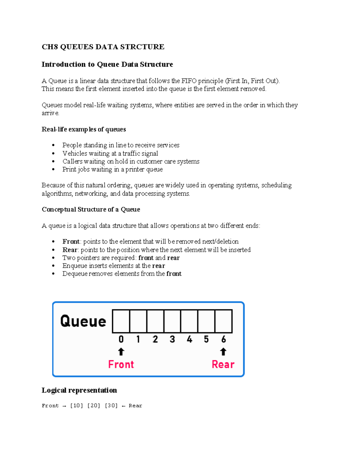 CH8 QUEUES - Comprehensive Notes on Queue Data Structures - Studocu