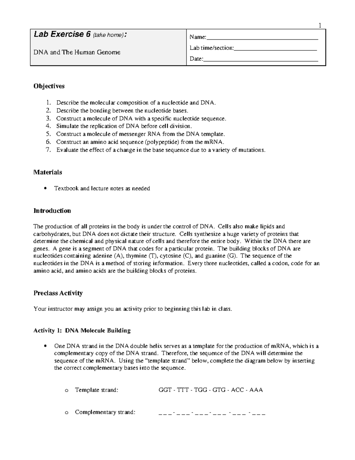 Lab Exercise 6: DNA & Human Genome Take Home Assignment - Studocu