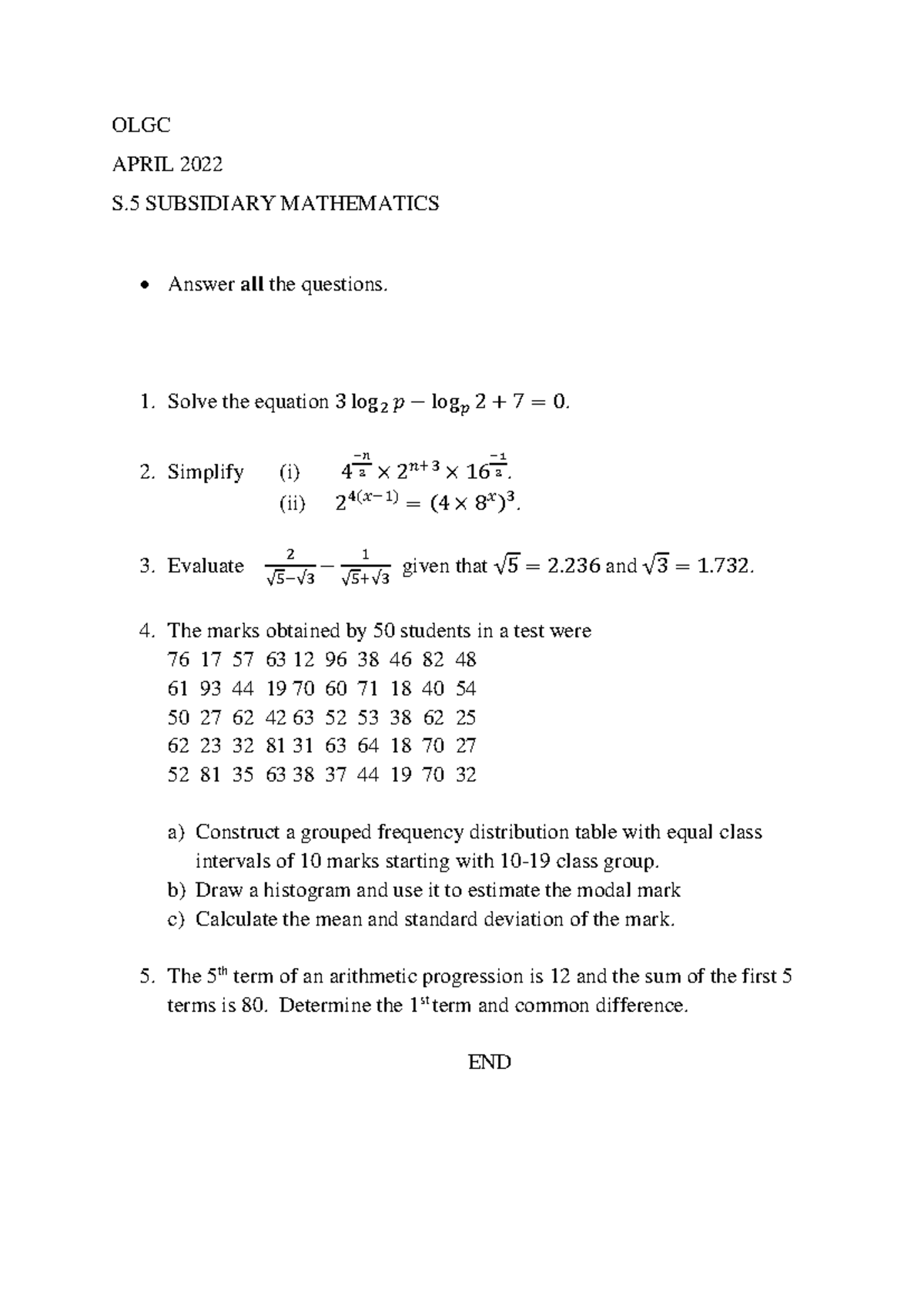 S.5 SUB MATH 24 - OLGC APRIL 2022 S. 5 SUBSIDIARY MATHEMATICS Answer ...