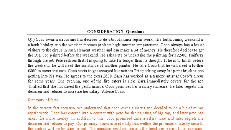 Consideration - Class Questions (Law 101) - Studocu