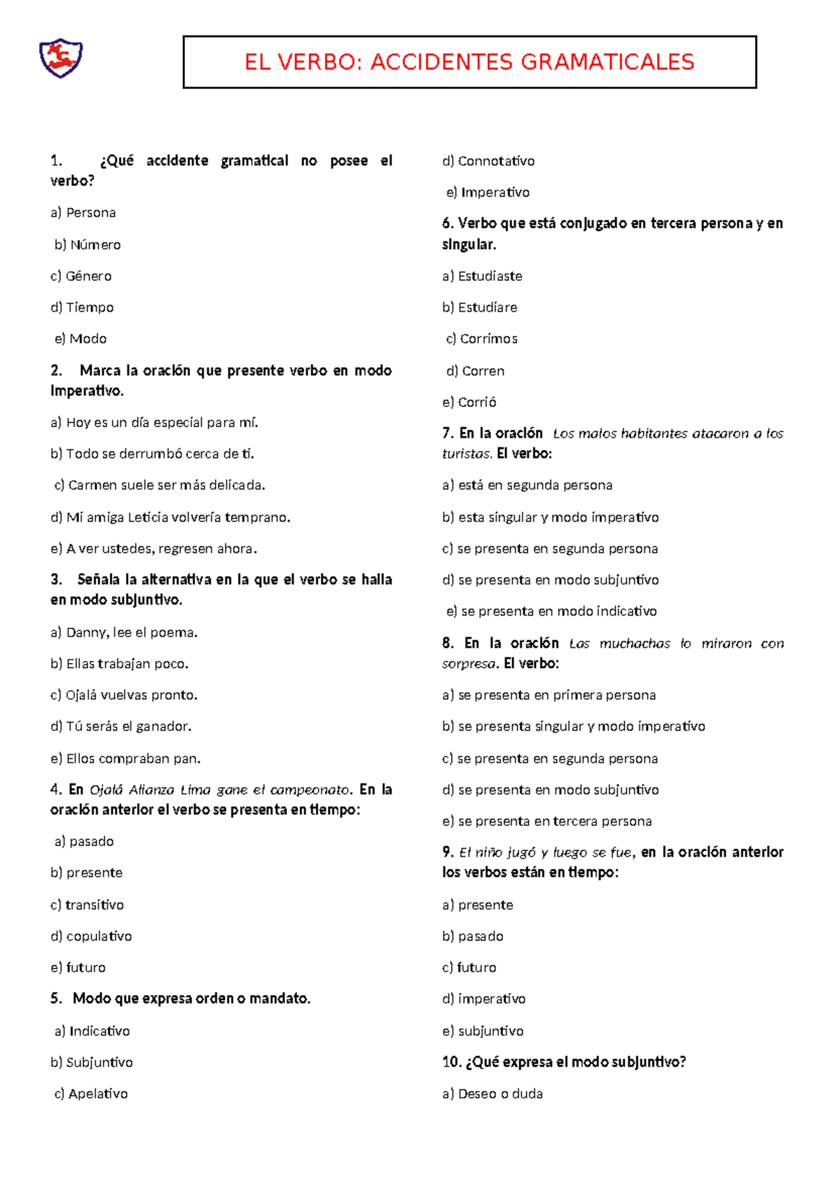 Accidentes Gramaticales del Verbo - 1RO. SEC - Ejercicios y Ejemplos - Document Preview