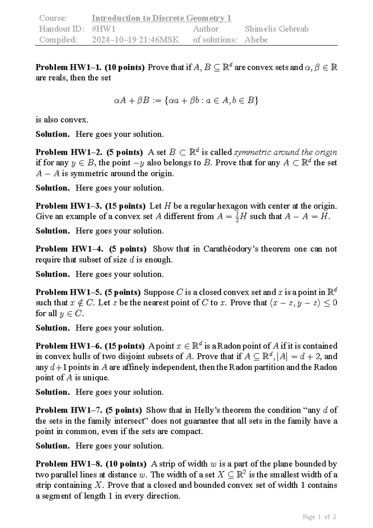 Discrete Geometry 1 - Homework Solutions by Shimelis Gebreab Abebe 2024 ...