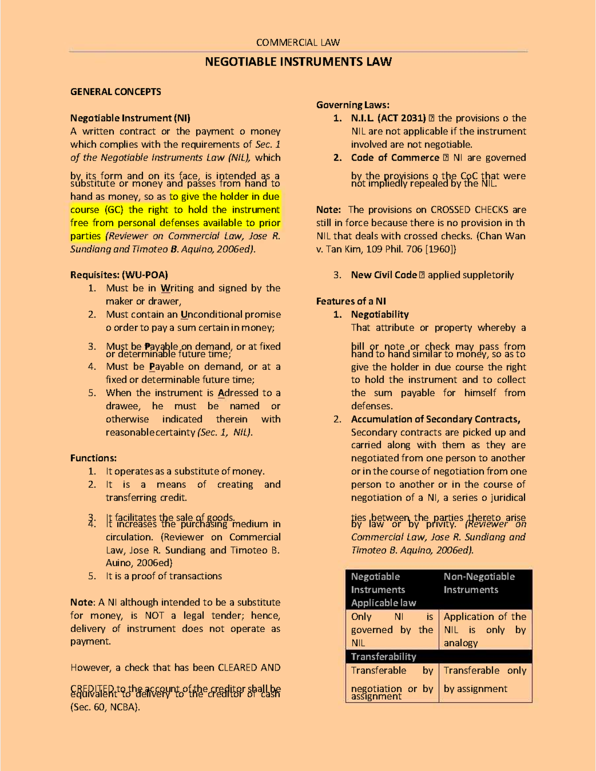 LAW 101 - Lecture Notes on Negotiable Instruments (Chapters 1-3) - Studocu