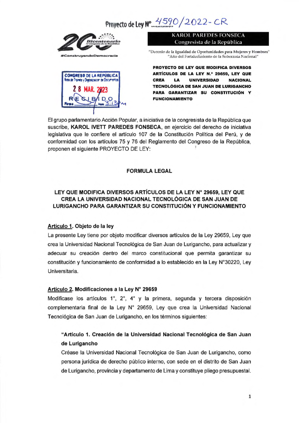Proyecto de Ley 29659: Modificaciones a la Universidad Nacional ...