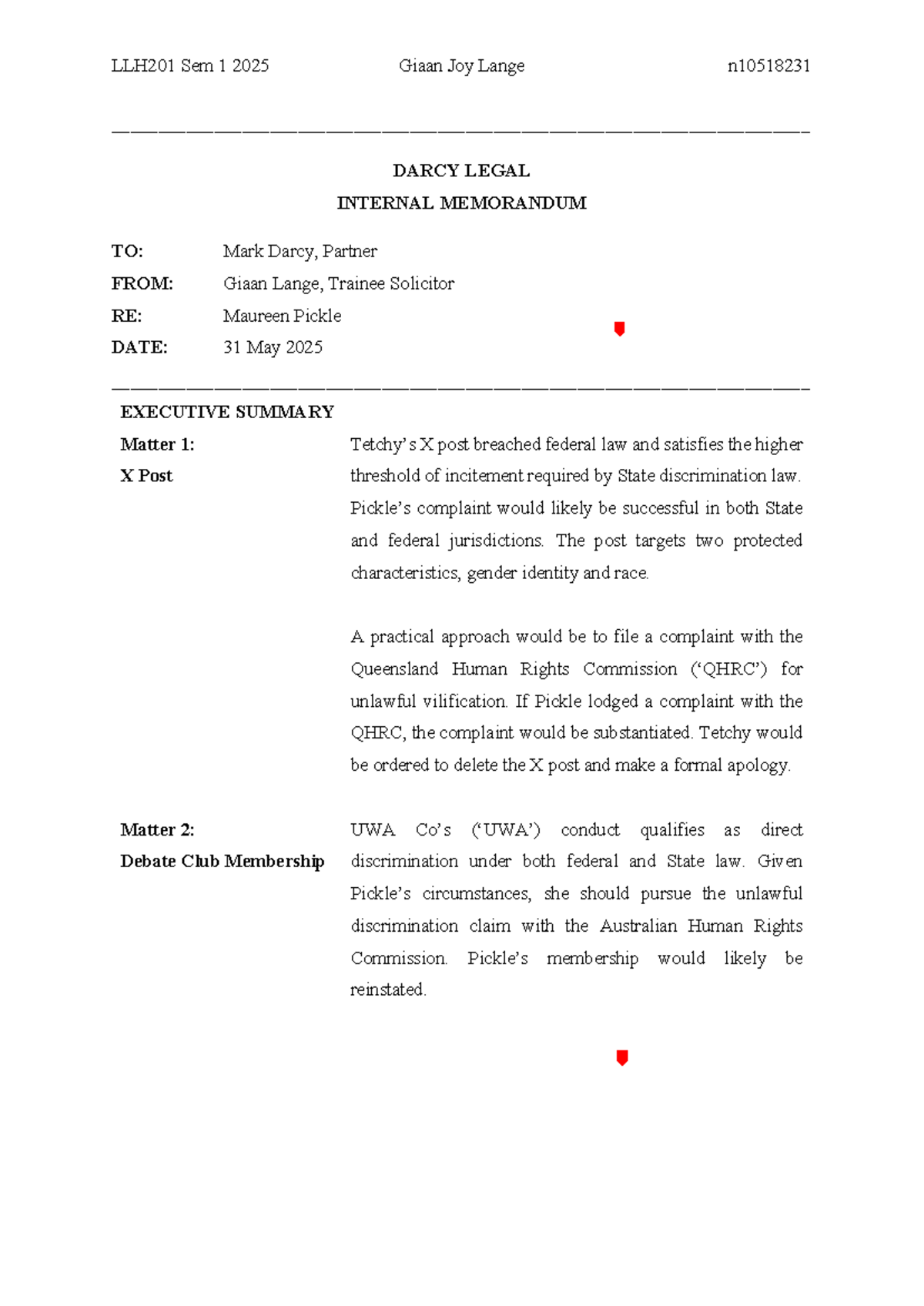 LLH201 Sem 1 2025 Legal Analysis: Discrimination Case Study on Maureen ...
