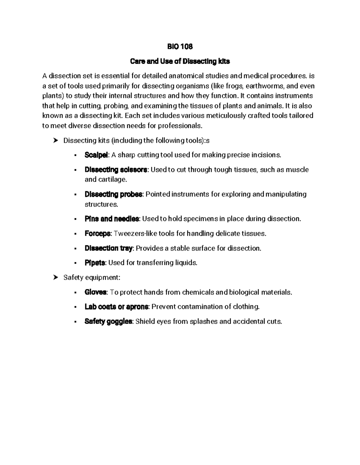 BIO 108 Dissection Kit Care and Safety Guidelines - Studocu