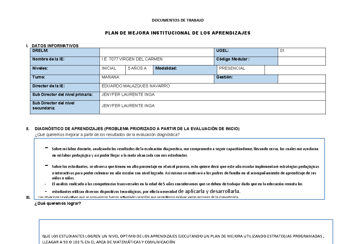 PLAN DE MEJORA INSTITUCIONAL 5 AÑOS A - I.E 7077 VIRGEN DEL CARMEN ...
