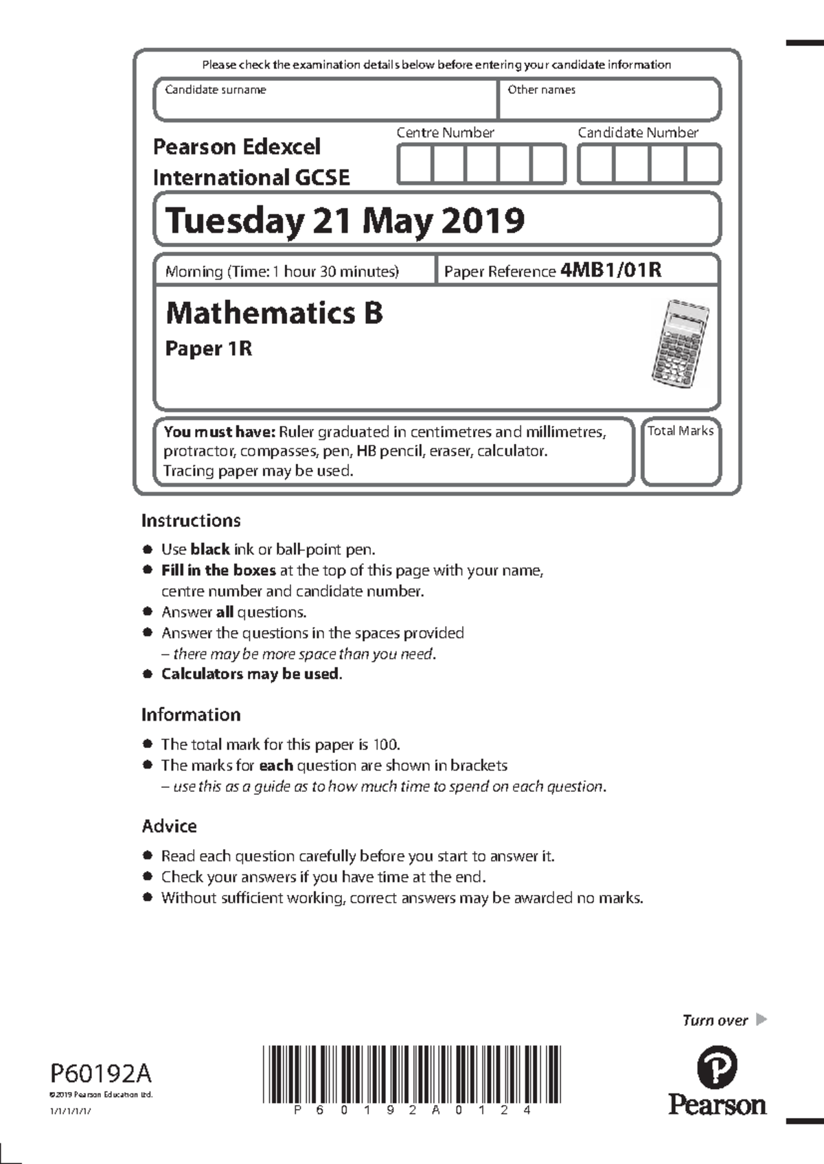 Mathematics B Paper 1R Exam Instructions - Edexcel International GCSE ...