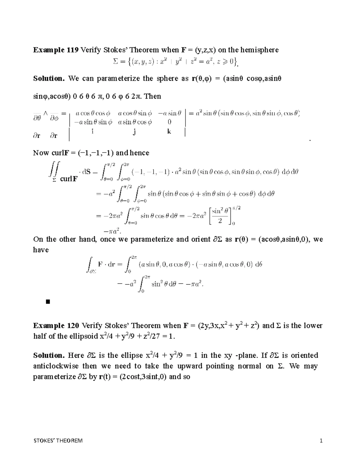 Sheet 7 - MULTIVARIABLE CALCULUS HT23 SHEET 7 Stokes’ theorem. Examples ...
