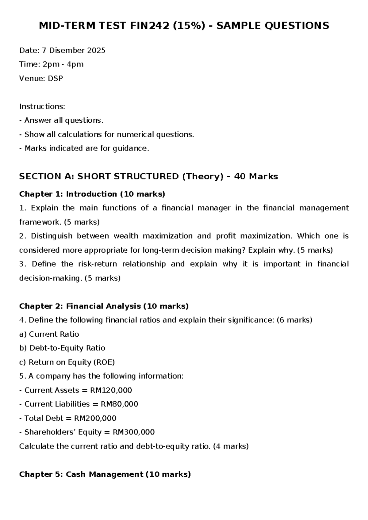 MIDTERM TEST FIN242 SAMPLE QUESTIONS & ANSWERS - Studocu