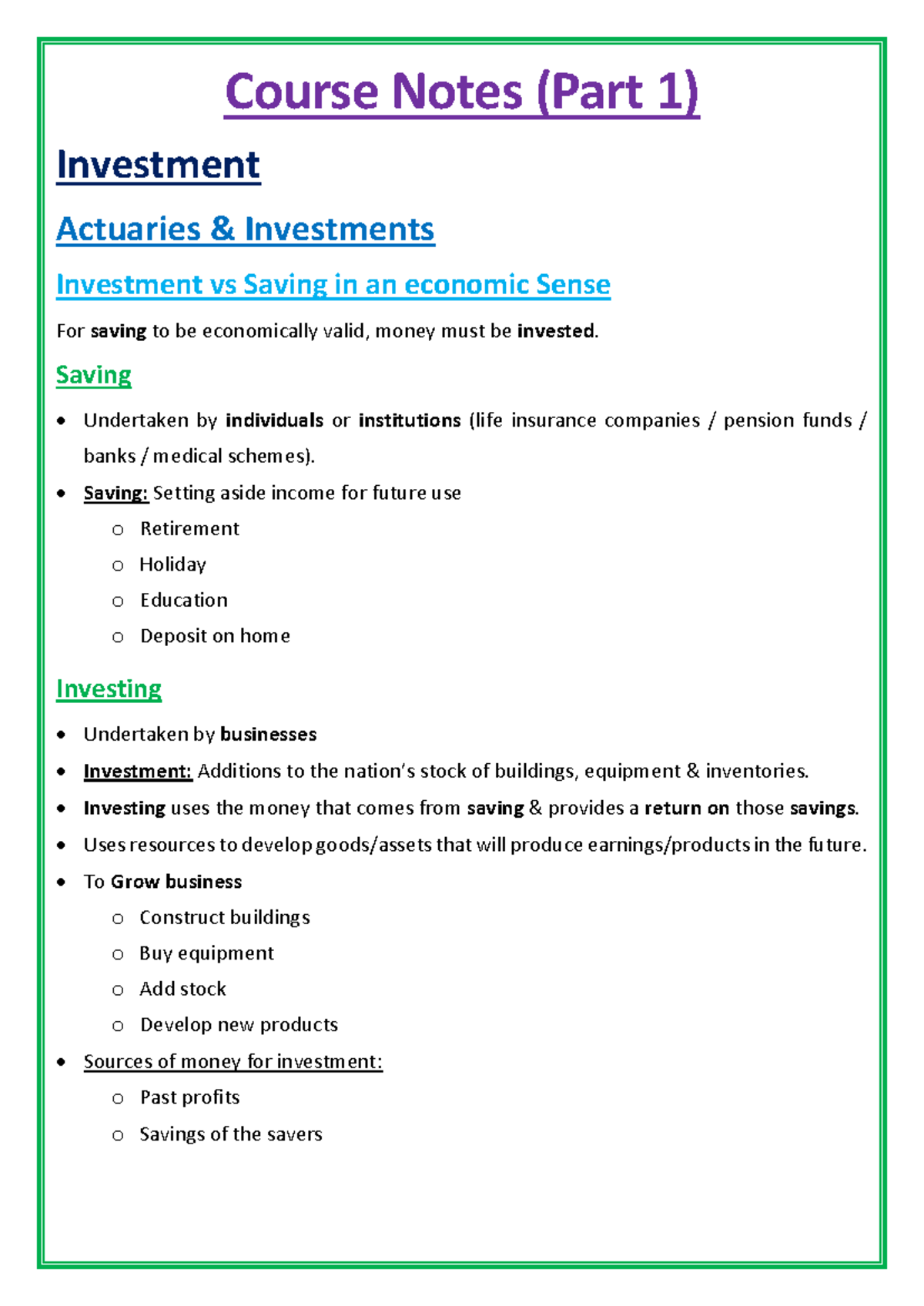 6. Investments - Summaries - Course Notes (Part 1) Investment Actuaries ...